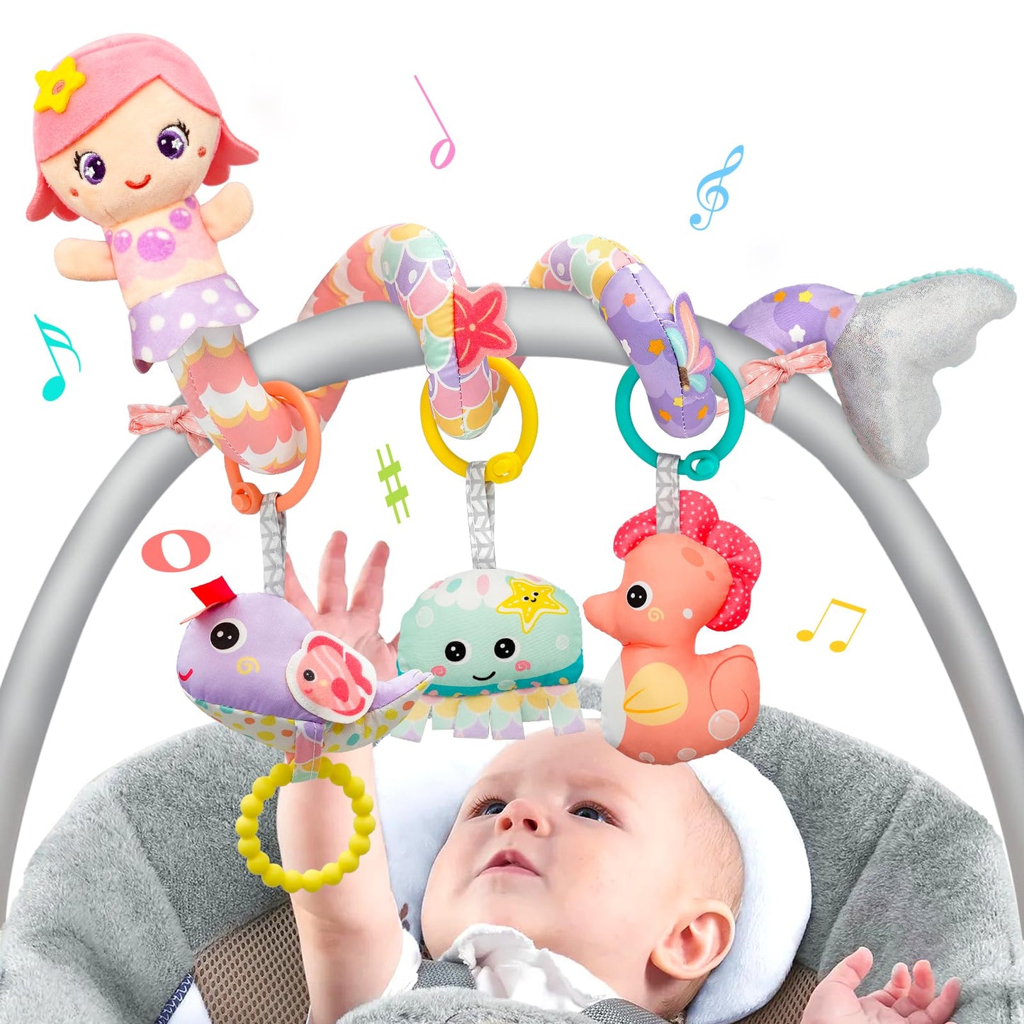 Car Seat Toys for Babies 0-6 Months Boy Girl Carseat Toys Hanging Spiral Stroller Toy, Infant Toy 0-6 Months Baby Newborn 0 3 Month Brain Development with Music Teether Rattle