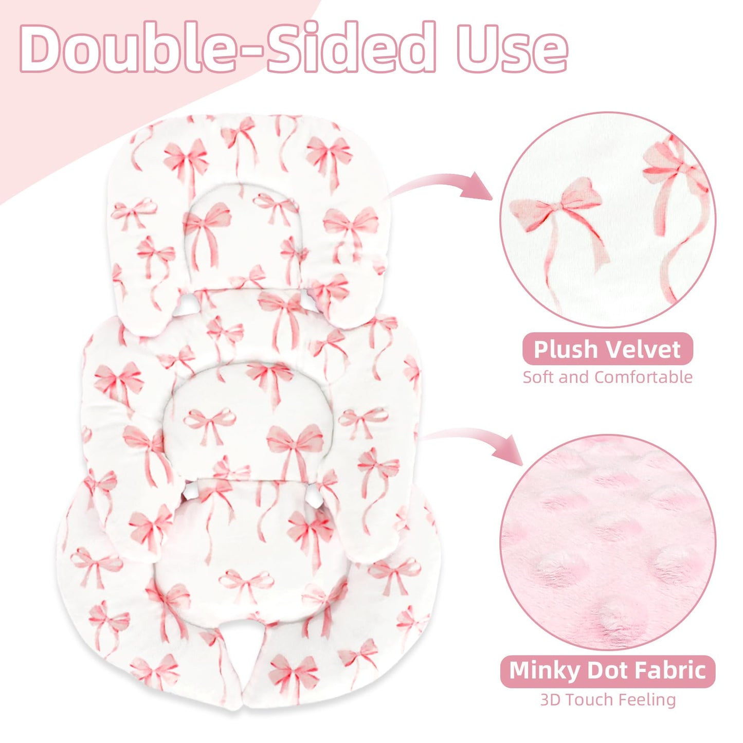 DAYEEBALL Infant Car Seat Insert Cushion, Baby Car Seat Head Body Support for Girls & Boys, Reversible Newborn Car Seat Insert with 2 Extra Strap Paddings, Premature Car Seat Cushion, Pink Bow