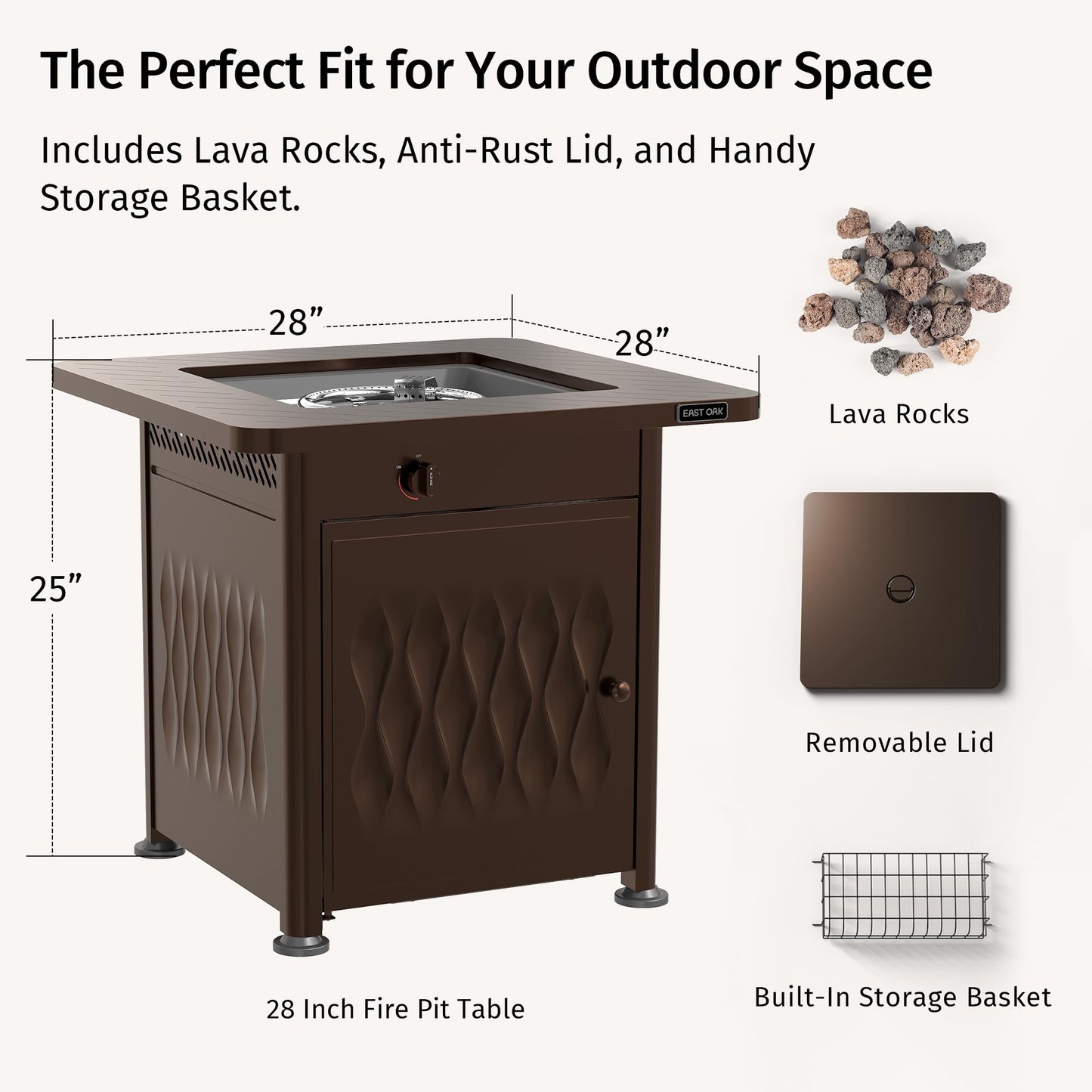 East Oak 28" Upgraded Outdoor Propane Fire Pit Table | 52,000 BTU Gas Fire Pit Table for Outside with Magnetic Lid | Storage Basket & Lava Rocks | CSA Certified for Patio, Garden & Backyard | Brown