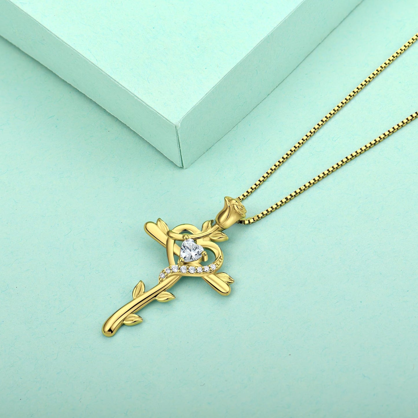 STARCHENIE Rose Cross Necklace, 925 Sterling Silver 14K Gold Plated, Cubic Zirconia Heart Pendant, Crucifix Jewelry Gift for Women