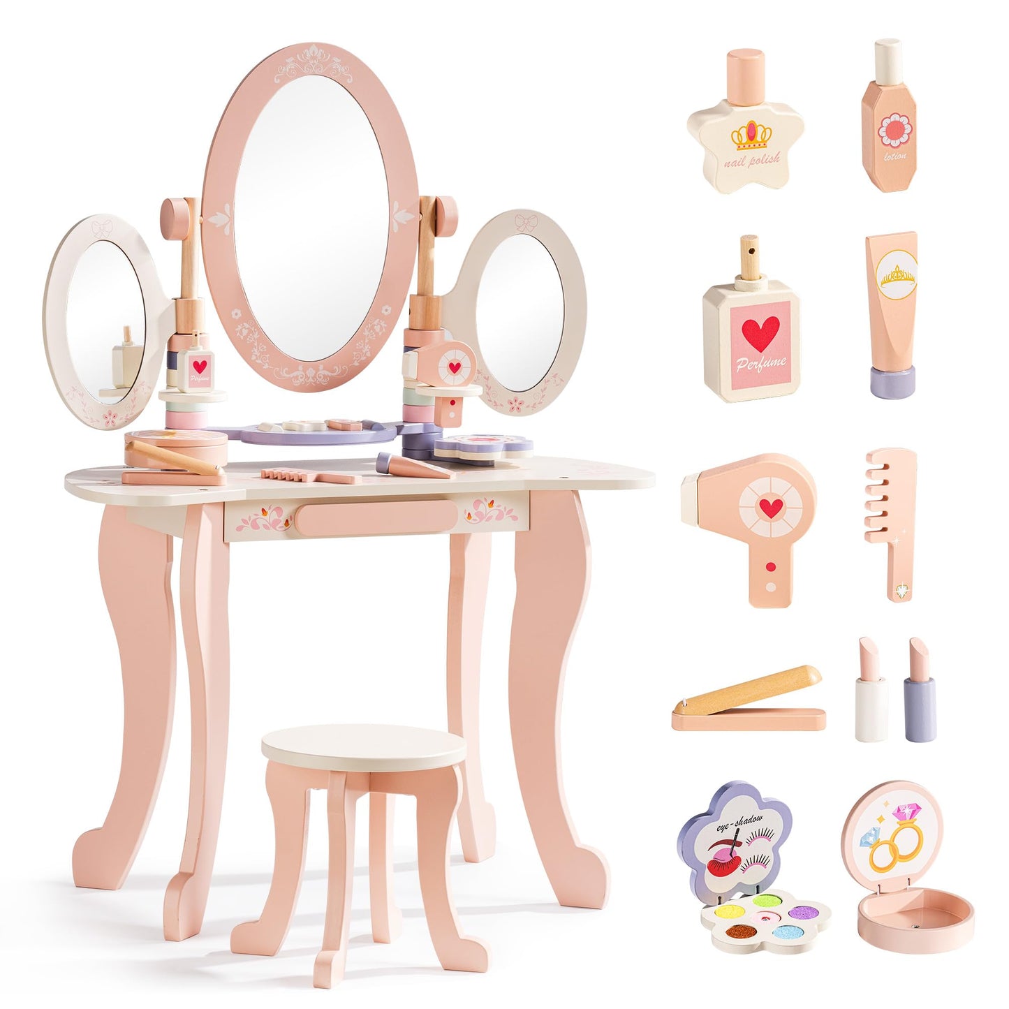 ROBOTIME Kids Vanity Set with Mirror and Stool – Wooden Pink Makeup Table with 11 PCS Accessories – Play Beauty Dresser with Mirrors, Drawer– Kids Vanity Table and Chair Set for Girls Ages 3+