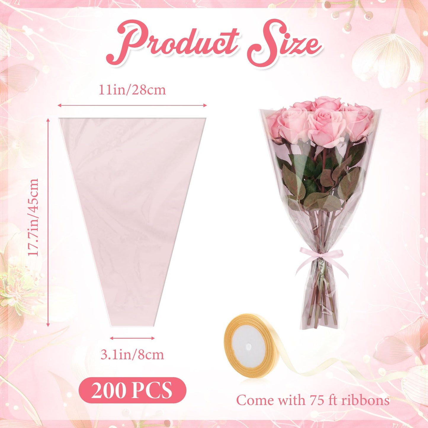Jaloro 200 Pcs Pink Flower Bags for Bouquets 17.7 x 11 Inch Mother's Day Large Plastic Flower Sleeves Bulk with Ribbon Florist Supplies for Wedding, Birthday, Spring Graduation Gift Wrapping