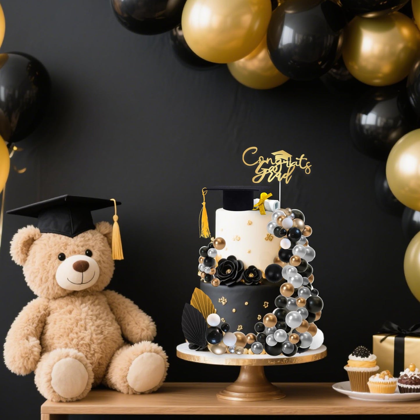 Graduation Cap Cake Topper Decorations Kit Included Cap Diploma Gold Congrats Grad Cake Topper Balls and Paper Palm Leaves Cake Decorations for Graduation Party Cake Decoration (Black)
