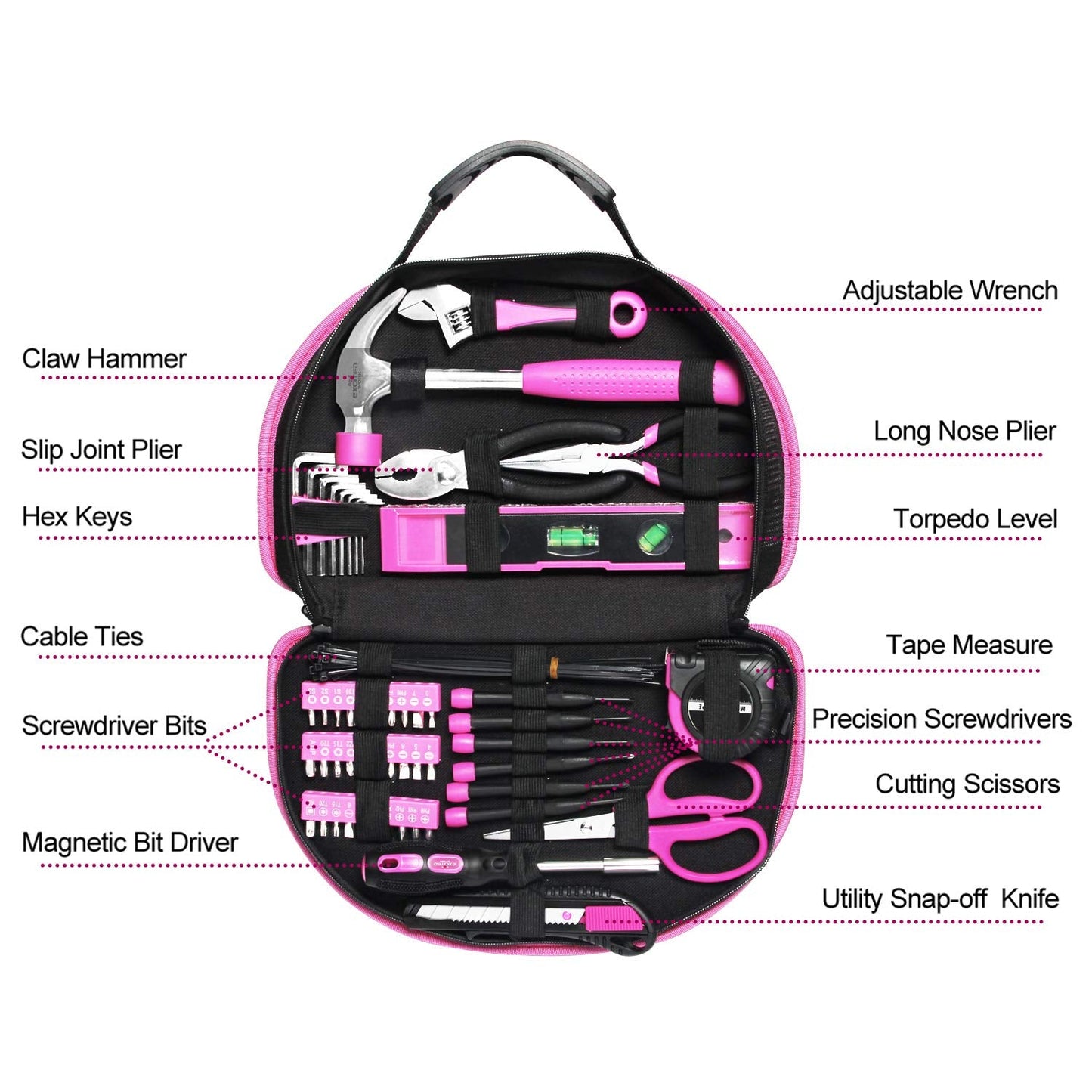 EXCITED WORK 89 Piece Pink Tool kit, Ladies Hand Tool Set with Easy Carrying Round Pouch Household Tool Kit Perfect for DIY, Home Maintenance and Dorm Repair