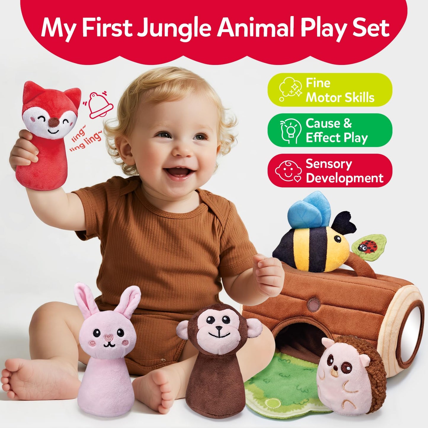 CuteZone Baby Toys 6-12 Months, Stuffed Animals for Babies, Soft Plush Forest Sensory Toy Set with Rattle, Crinkle, Mirror and Tree Stump Storage, Cause and Effect Baby Boy Girl Gifts