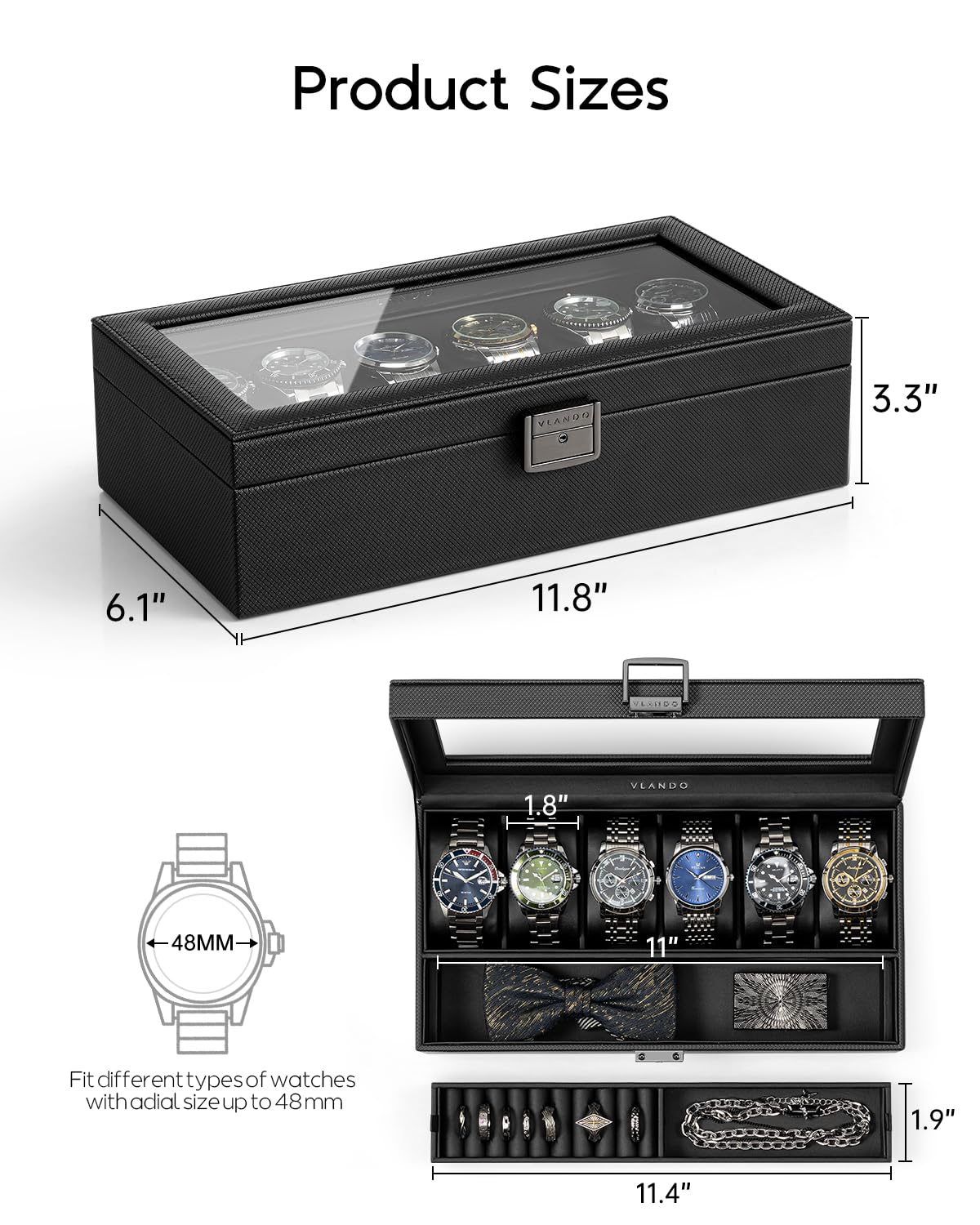 Vlando 6-Slot Watch Case for Men, Watch Box with Glass Lid, Storage for Rings, Keys, Business Textured Leather Organizer Display Case, Soft Pillow, Gifts for Fathers, Dad, Husband - Black