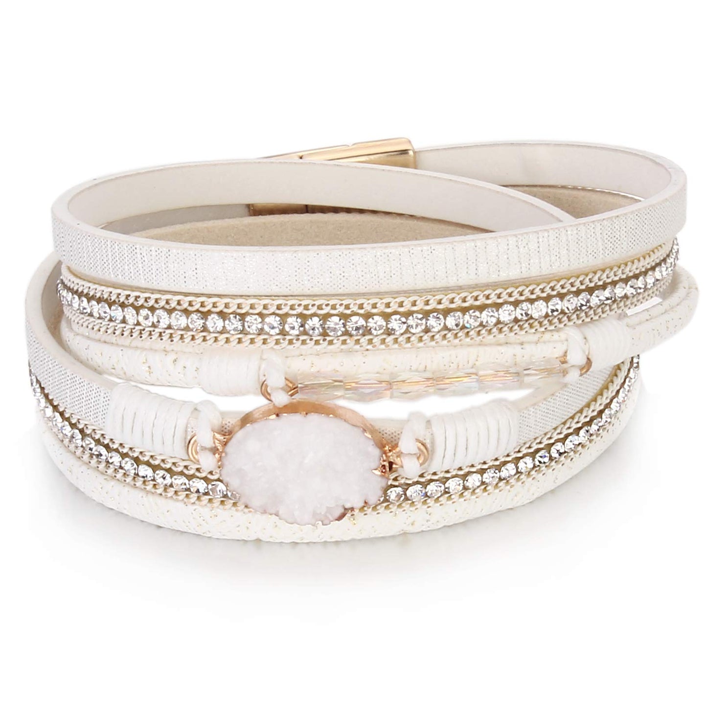 FANCY SHINY Boho Leather Wrap Bracelet Stackable Chunky Crystal Cuff Bracelets with Magnetic Clasp Cowboy Cowgirl Western Summer Beach Outfits Jewelry Gifts for Women (14.7", White)