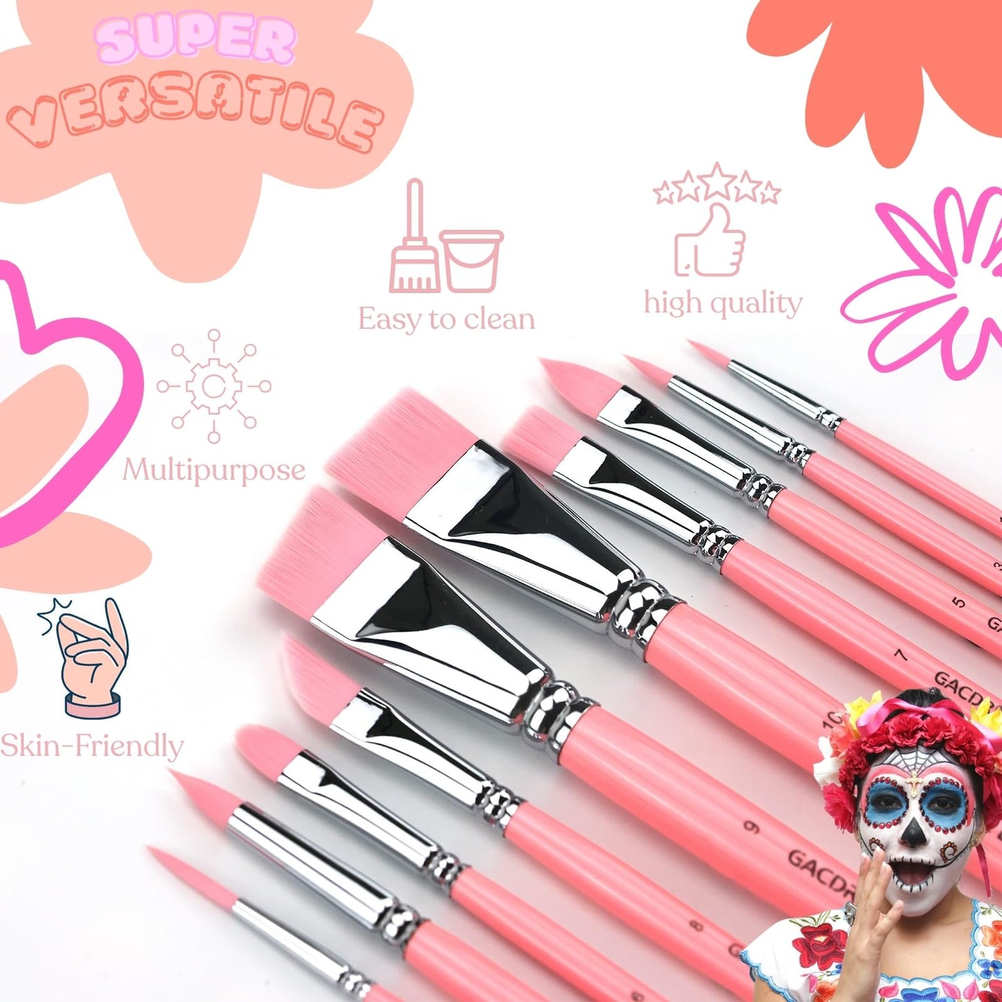 GACDR Face Paint Brush Set,10 Pcs Professional Artist Paint Brushes for Face & Body Painting for Halloween Cosplay Party - Acrylic Painting Oil Gouache Watercolor
