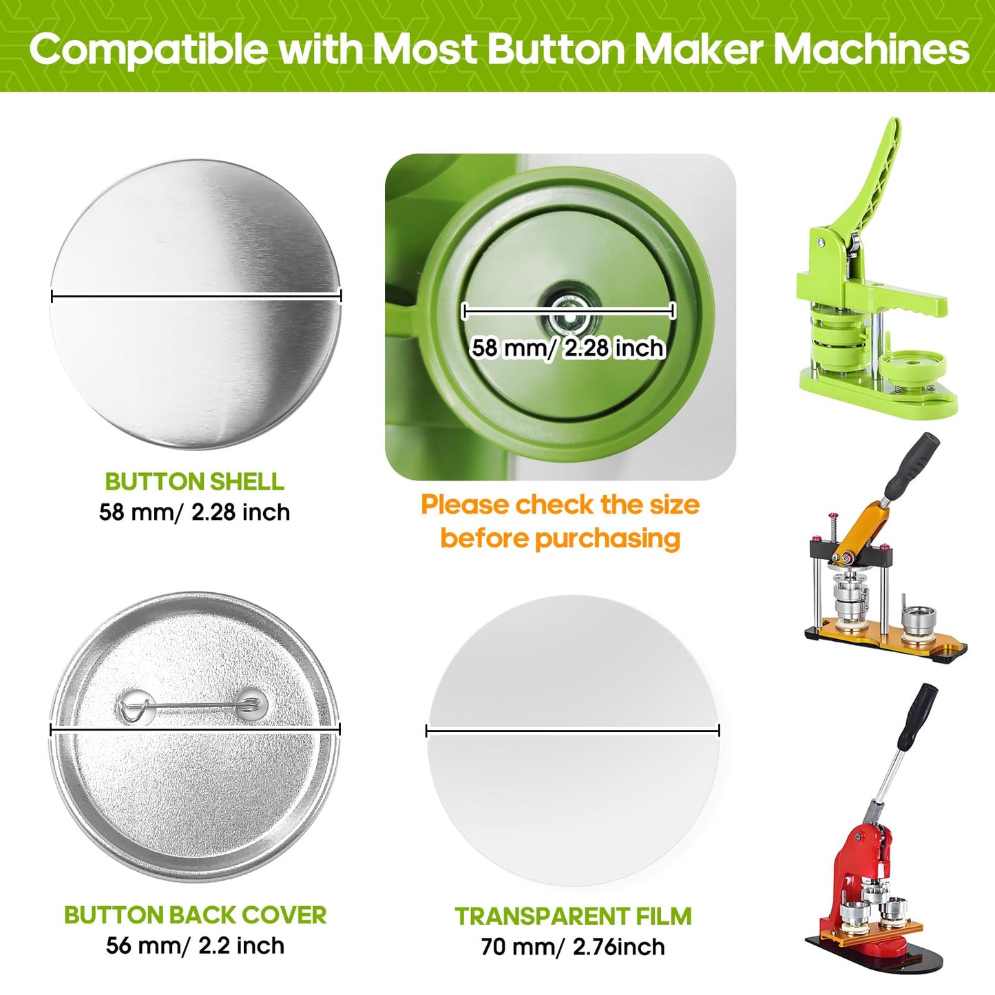 300 Pcs 58mm/2.28 inch Button Maker Supplies, 58mm Button Supplies Parts, (Approx. 2.25 inch) Round Badge Blank Button Pins, Includes Metal Pin Back Cover, Metal Cover, Clear Film