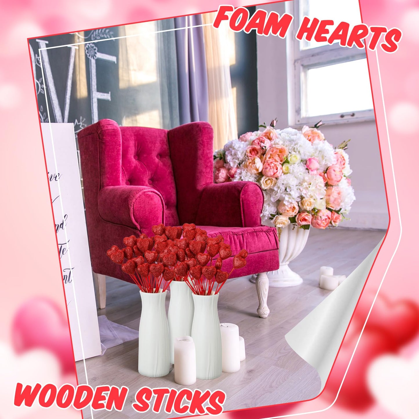 ZCYSRLQIN 24 Pcs Glitter Foam Hearts Sticks Foam Heart Picks Sparkly Hearts Stems Puffy Heart Wooden Picks for Wedding Decorations Flower Arrangements Crafts (Red)