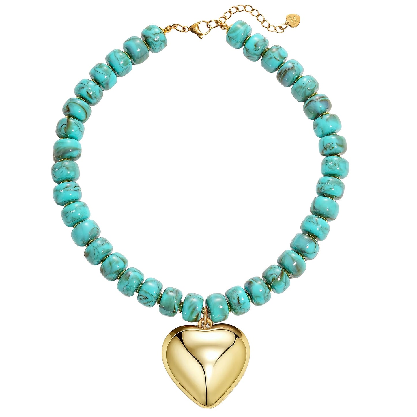MIUSISHIYU Turquoise Blue Faux Stone Resin Chunky Necklaces for Women, Trendy Beaded Puffy Gold Heart Pendant Statement Choker, Lightweight Boho Y2K Summer Beach Jewelry