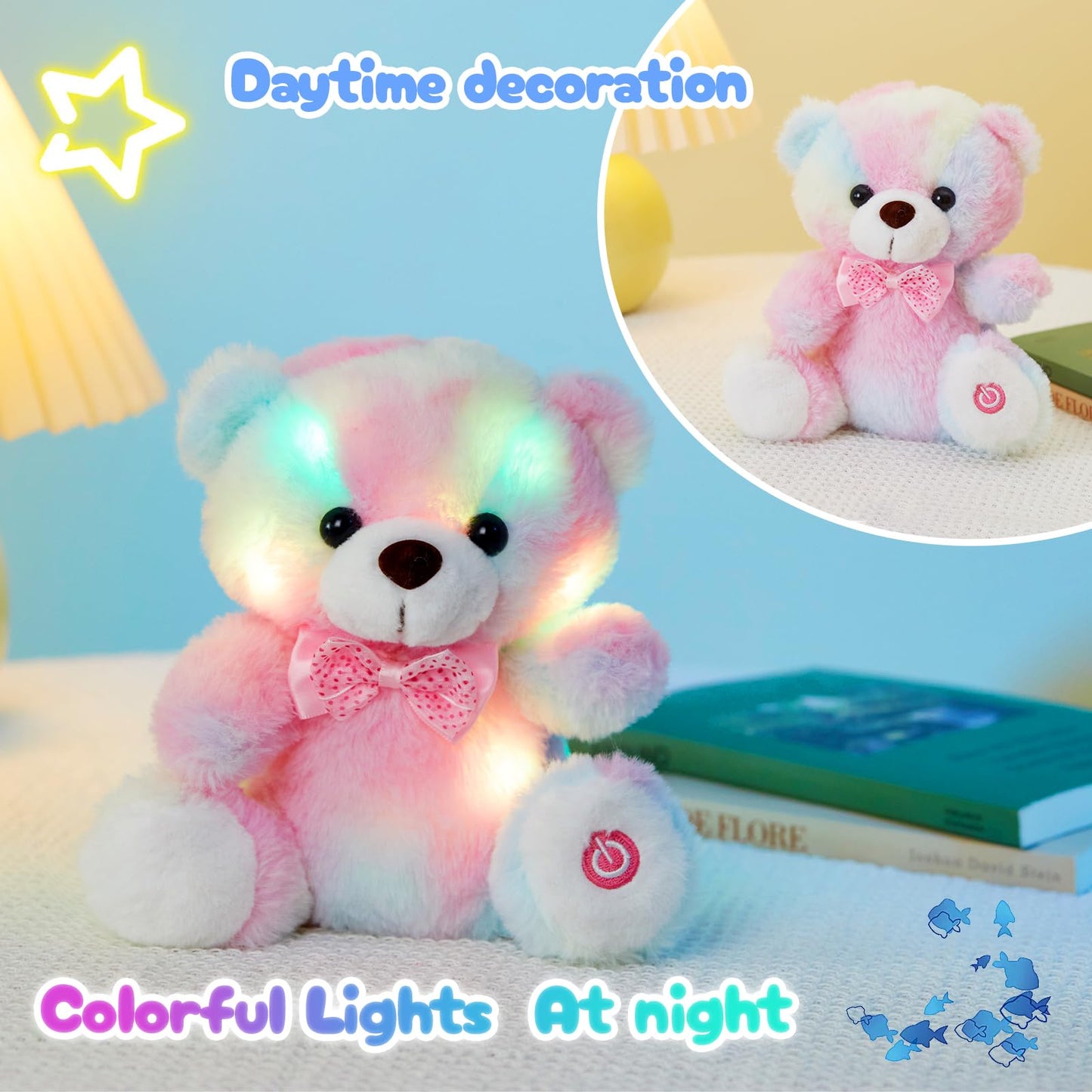 BSTAOFY Light up RainbowTeddy Bear LED Stuffed Animal Soft Nightlight Glow Bear Plush Toy Gifts for Kids Mom Girls Birthday Valentines, 8"