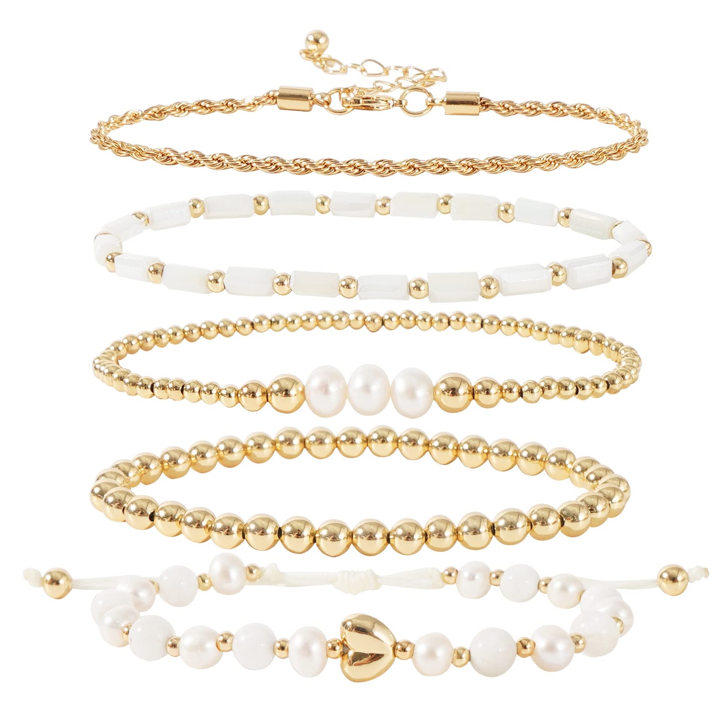 GOOJIDS Tiny Pearl Gold Plated Heart Beaded Bracelets For Women Dainty Gold Plated Pearls Stack Layered Beads Bracelet set for MAMA Birthday