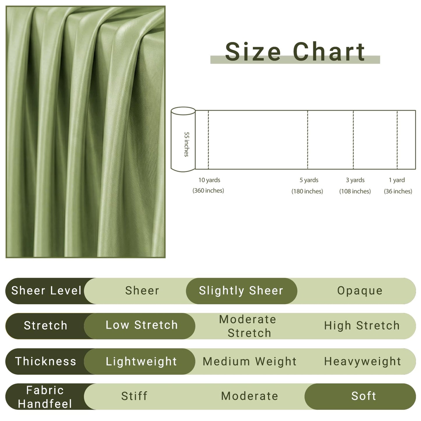 Q&J Fabric Co. Light Olive Green Satin Fabric by The Yard, 3 Yard x 55 Inch Charmeuse Satin Fabric Silky & Shiny Cloth Fabric, Smooth Bridal Satin Fabric for Wedding Dress, Clothing Sewing, DIY Crafts