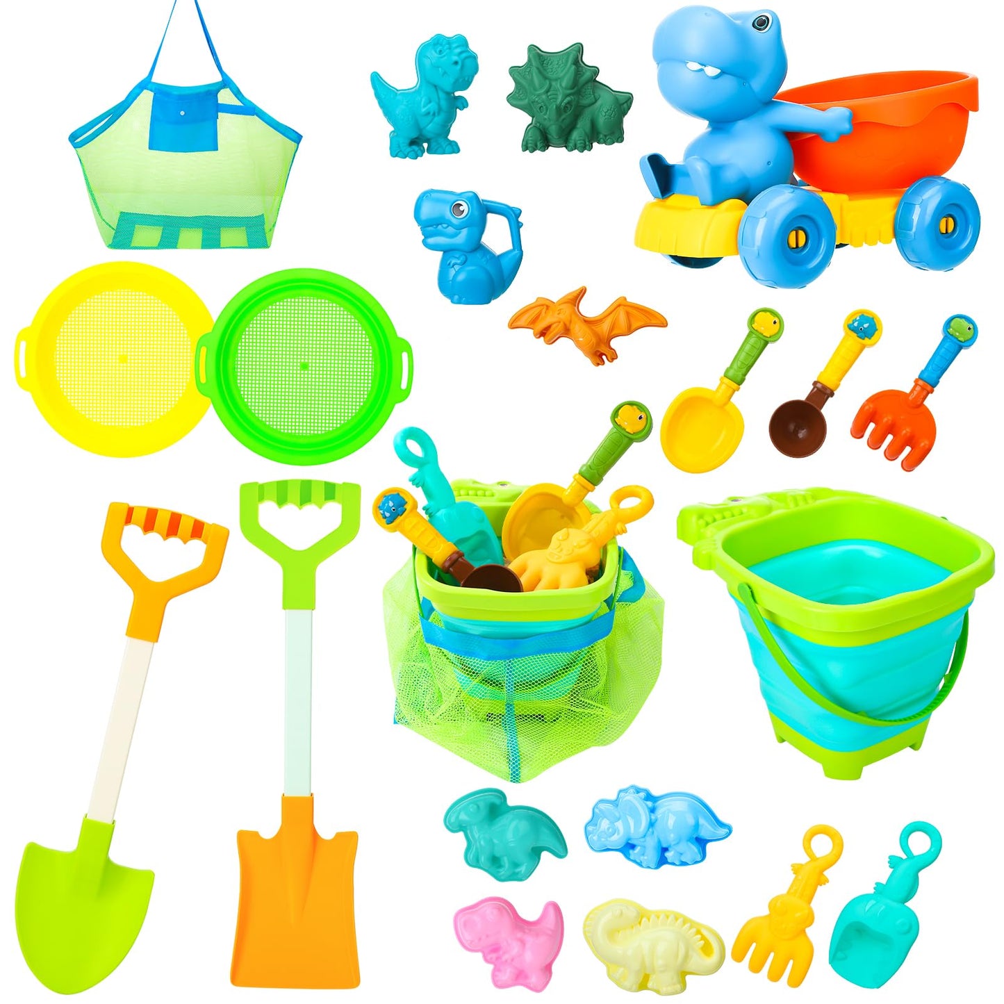 Guiqulai Beach Toys, Dinosaur Sand Toys Include Molds Foldable Bucket Mesh Storage Bag Shovels Dump Truck, Summer Sand Toys for Toddlers Kids