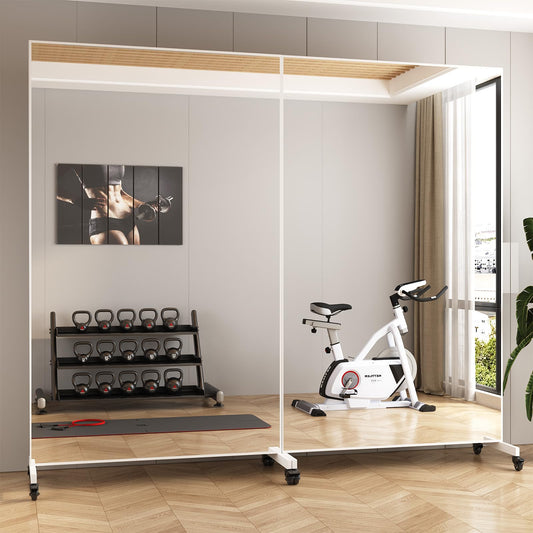 Novlux Home Gym Rolling Mirror 72"x40" – Extra Large Full Length Mirror with Wheels, Mobile Tempered Glass Floor Mirror, 360° Swivel, for Workout, Garage, Dance Studio, Yoga, Bedroom, White