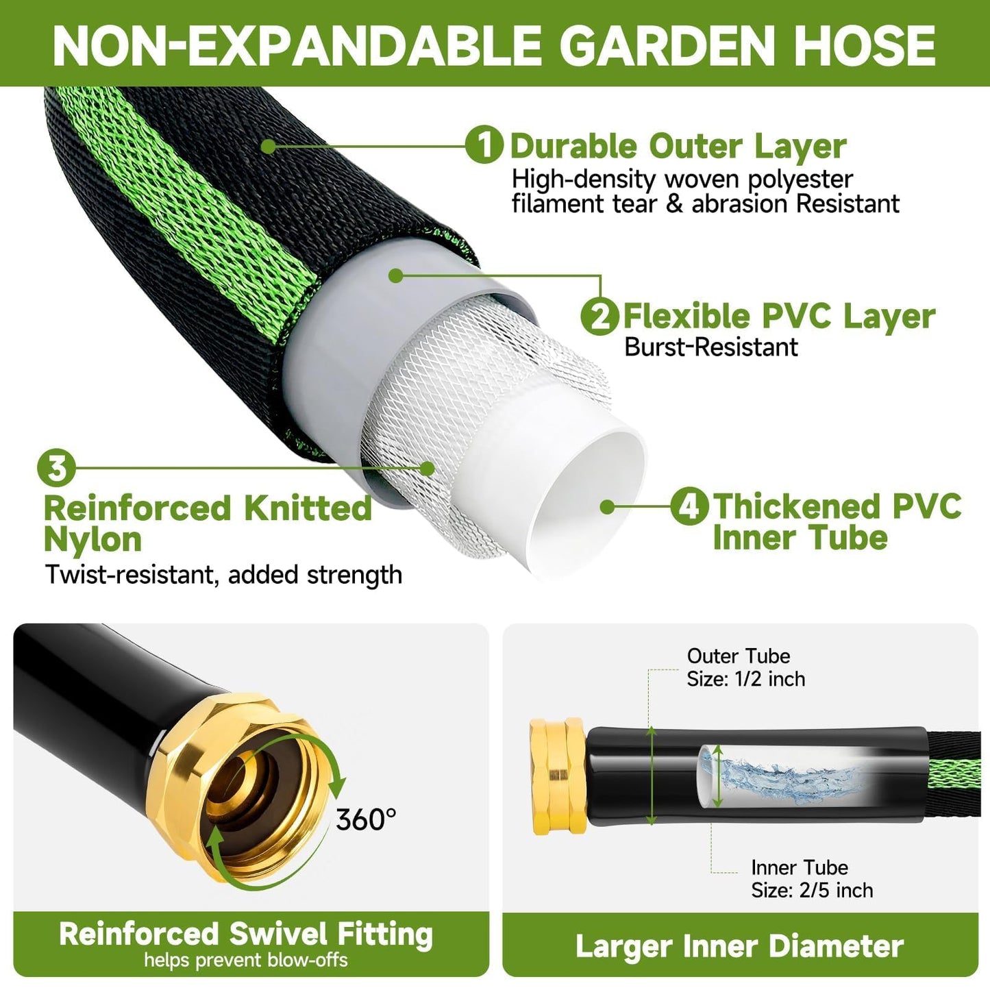 VIONMI Garden Hose 25 ft Flexible Non-Expandable Water Hose Kink-Free Lightweight Leak-Proof High Pressure Durable Outdoor Portable Fabric Hoses Pipe with 3/4” Sturdy Fittings for Yard Lawn Car Wash