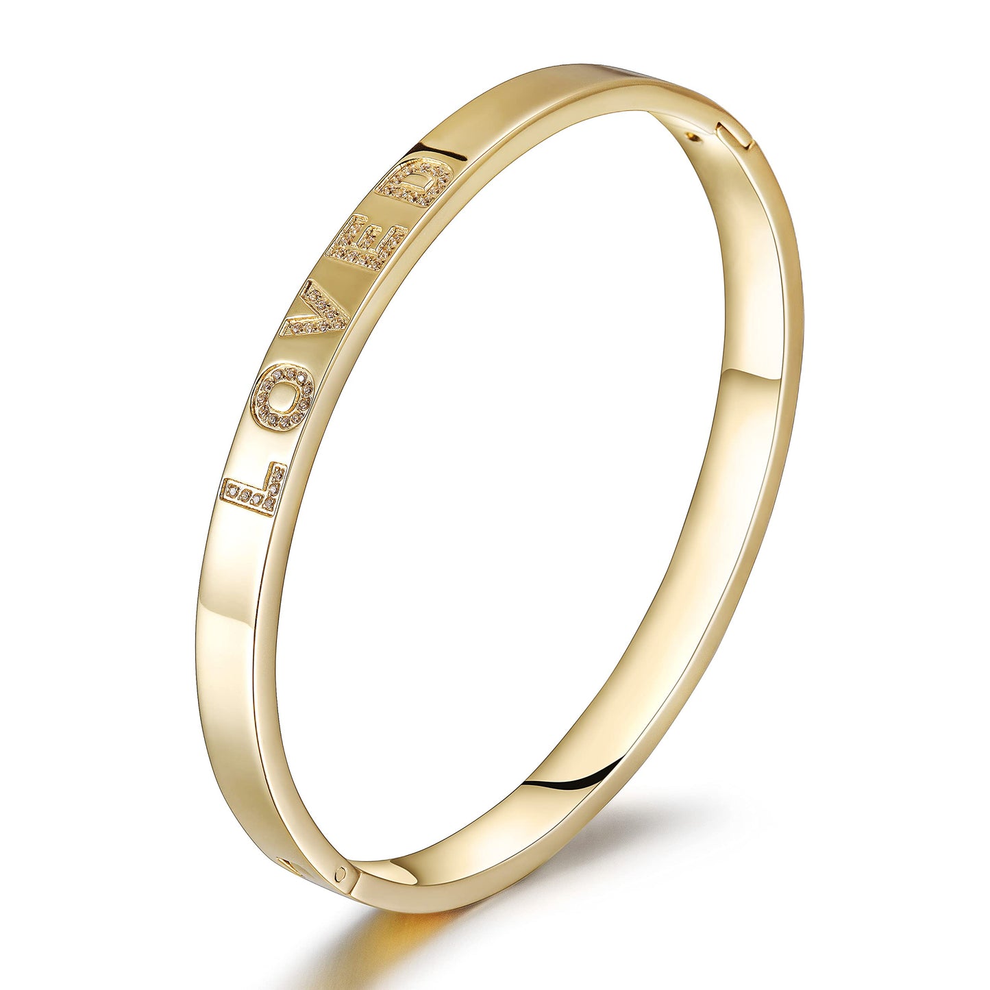 WISTIC Gold Plated Bangle Bracelet for Women, Silver Engraved Letter Cuff Bracelet with CZ, Fits 6.0–7.0 Inch Wrist, 2.4in Inner Dia., Rose Gold Stainless Steel Hinged Bangle Jewelry, LOVED, Gold