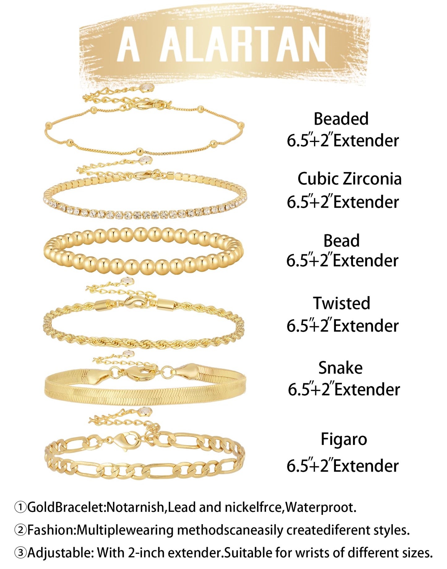 Gold Bracelets for Women 14K Gold Plated Stack Trend Bracelets Charm Paperclip Chain Cuban Link Layered Waterproof Bracelet Dainty Bracelet for Women Jewelry Gifts (6Pcs Beaded Gold)
