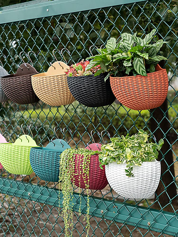 Hanging Planter Pot, Wall and Railing Hanging Planters with S Hooks, Half Round Imitation Rattan European Style Wall Flowerpot Rustic Decorative Flower Basket for Home(#2pcs 26 * 20.5cm Wine red)