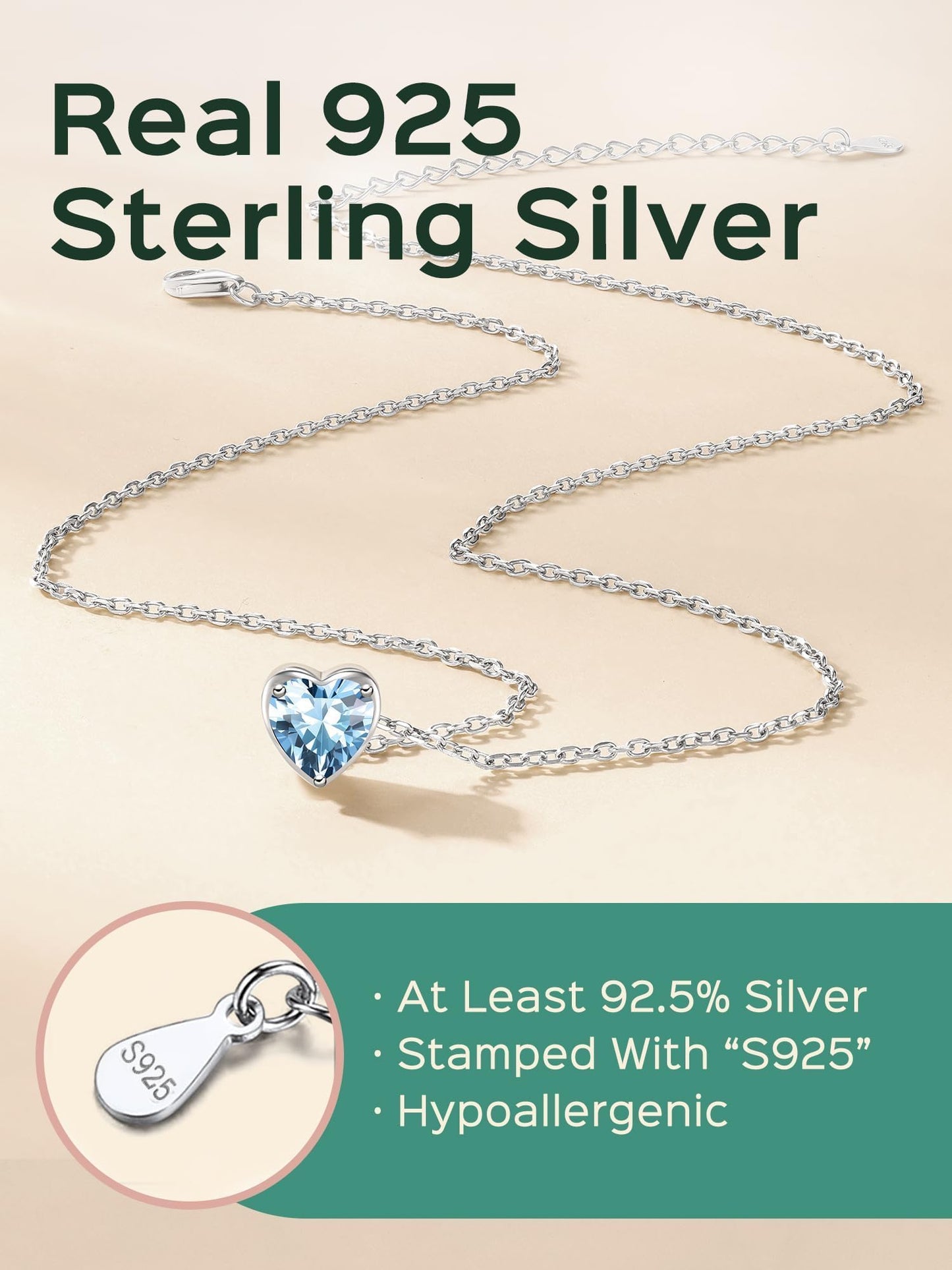 ChicSilver Love Heart Birthstone Necklace 925 Sterling Silver March Aquamarine Gemstone Pendant Necklace Silver Choker Necklace for Women