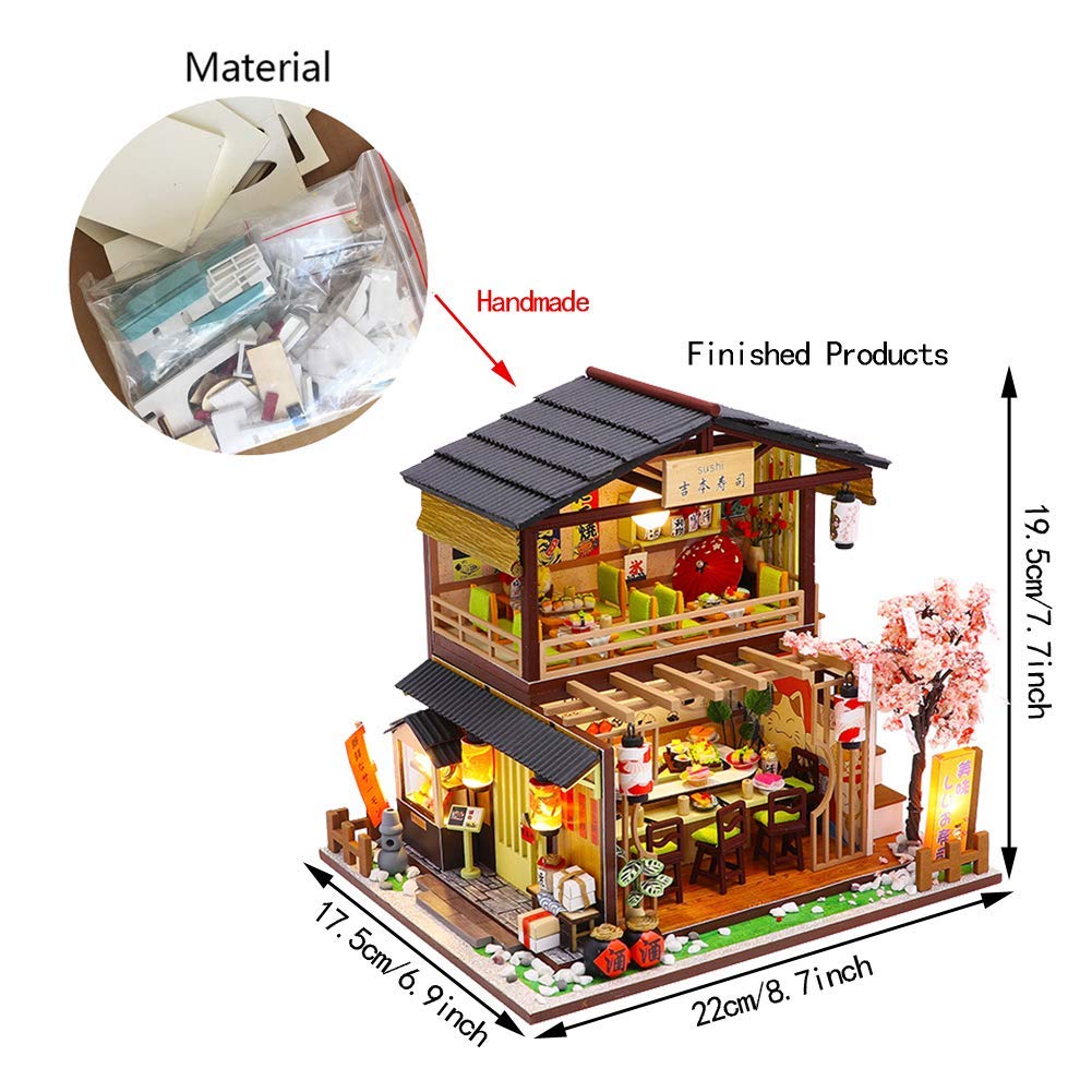 SYW DIY Miniature Dollhouse Kit with Furniture and LED Light，Japanese Sushi Shop Wooden Dollhouse, 1:24 Scale Creative Doll House Toys for Teen