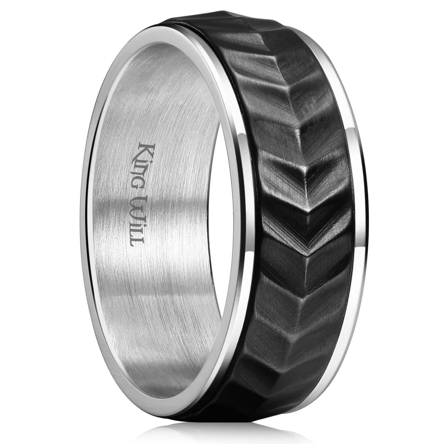 King Will Mens Black Silver 8mm Spinner Rings Tire Thread Stainless Steel Anxiety Fidget Ring for Men Tire Stripe Groove Spinner Ring 7