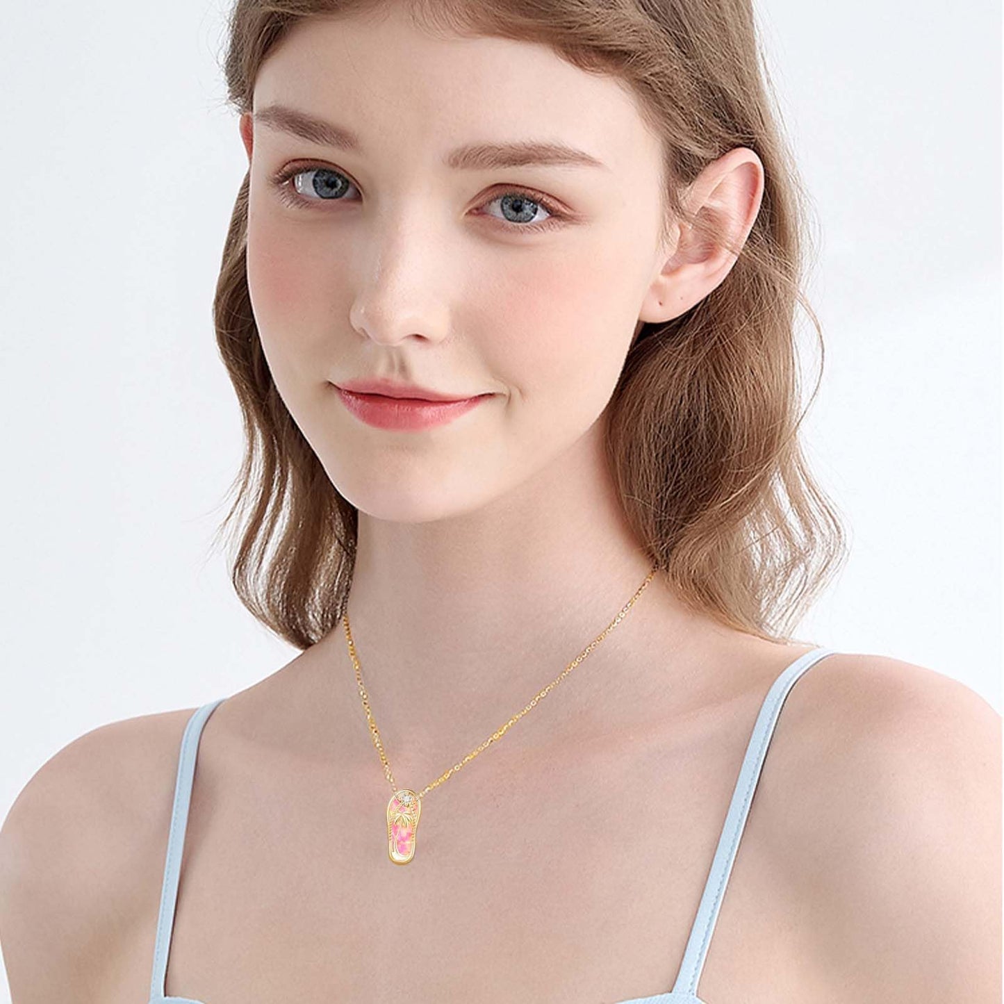 Midir&Etain Pink Opal Flip Flop Necklace 925 Sterling Silver 14K Gold Plated Palm Tree Pendant Beach Necklace Flip Flop Opal Jewelry for Women