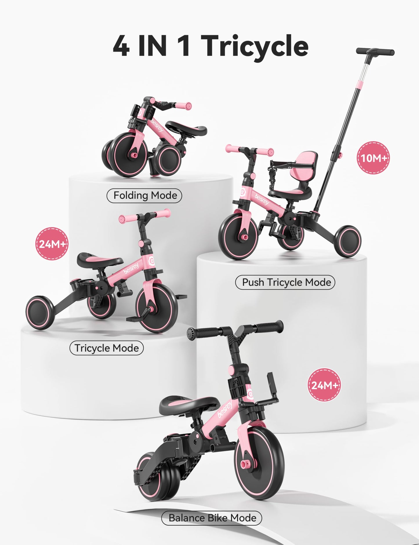 besrey 4 in 1 Toddler Bike, Toddler Tricycle for 1-3 Year Old, Trike with Push Handle, Backrest and Safety Belt, Birthday Gifts and Toys for Boys and Girls, Balance Bike