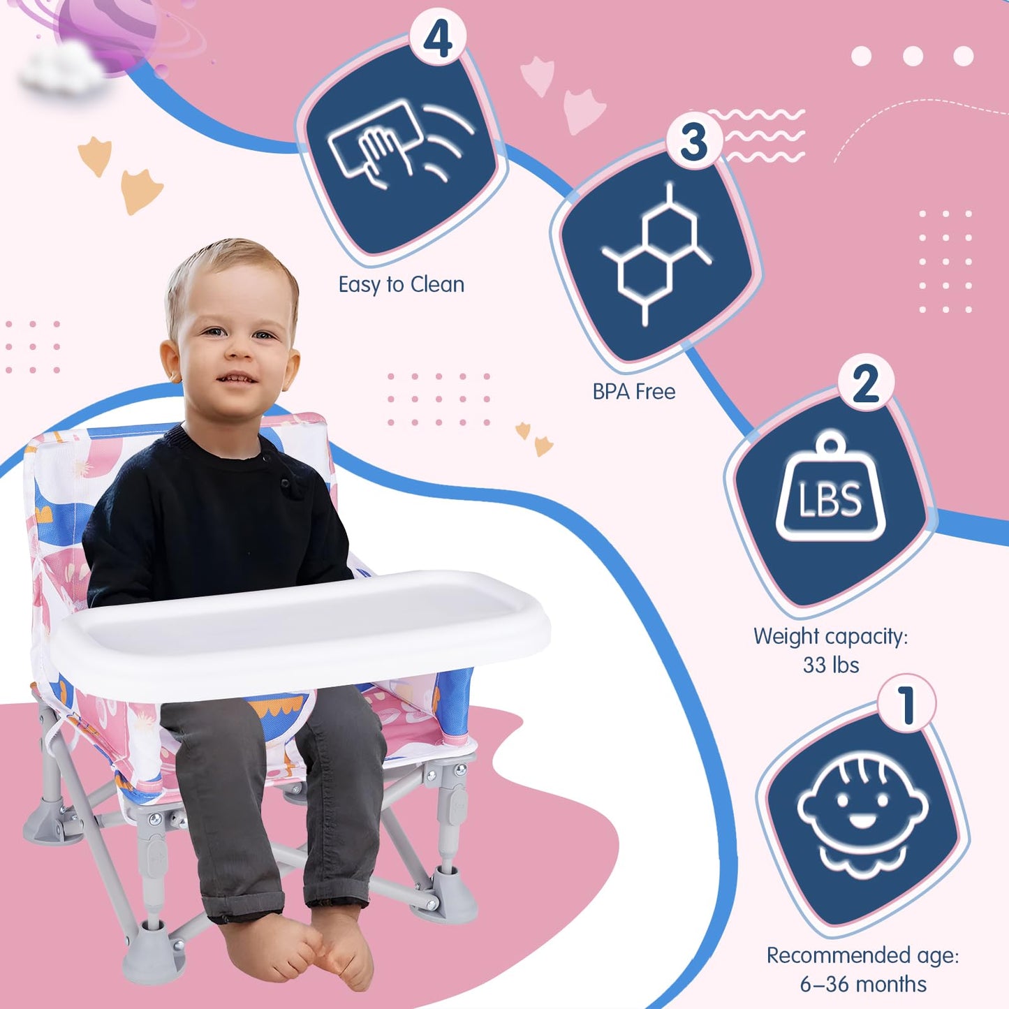 Furmubei Portable Baby Booster Seat with Tray, Toddler Booster seat for Dining, Camping, Travel, Baby Beach Chair 6 Months to 3 Years Old Indoor Outdoor Use CH2408