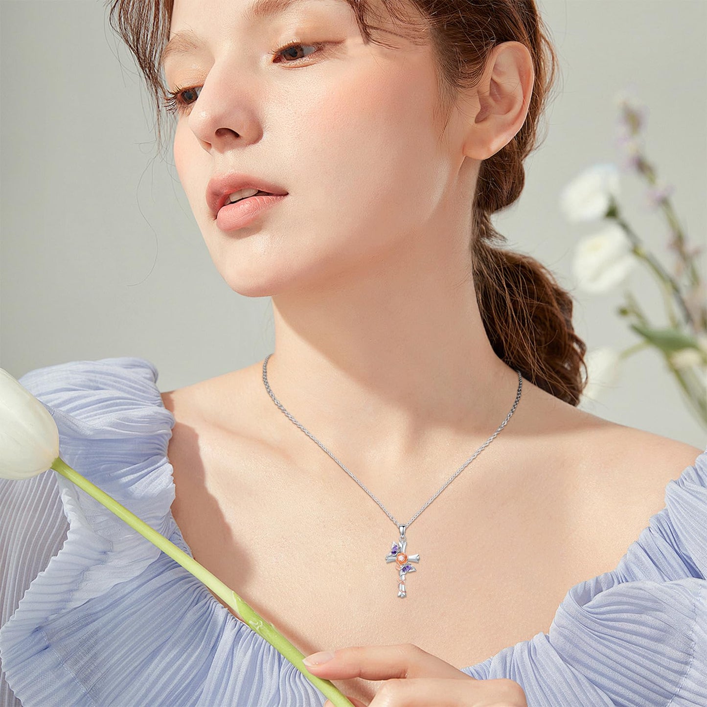 Butterfly Rose Necklaces 925 Sterling Silver for Women Double Purple Butterfly Necklace Pink Rose Cross Pendant Christian Faith Jewelry Mothers Day Gifts for Mom Lover Graduation Birthday Gift