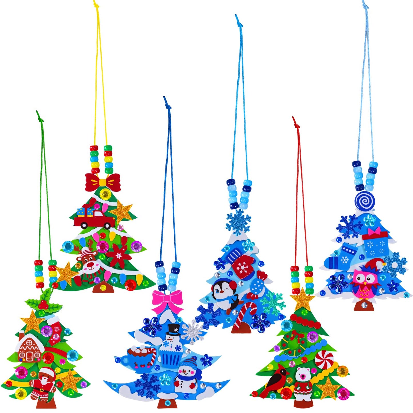 Winlyn 24 Sets Winter Decorations DIY Christmas Tree Ornaments 3D Pine Tree Necklaces Holiday Craft Kits Blank Foam Tree with Festive Foam Stickers for Kids Home Classroom Activities Party Favors