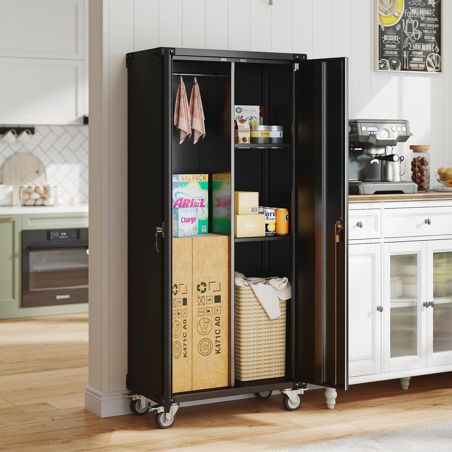 DUMOS 72" H Black Metal Garage Storage Cabinets with Lock Door, Adjustable Shelves and Wheels, Steel Tool Cabinets for Home,Office,Warehouse