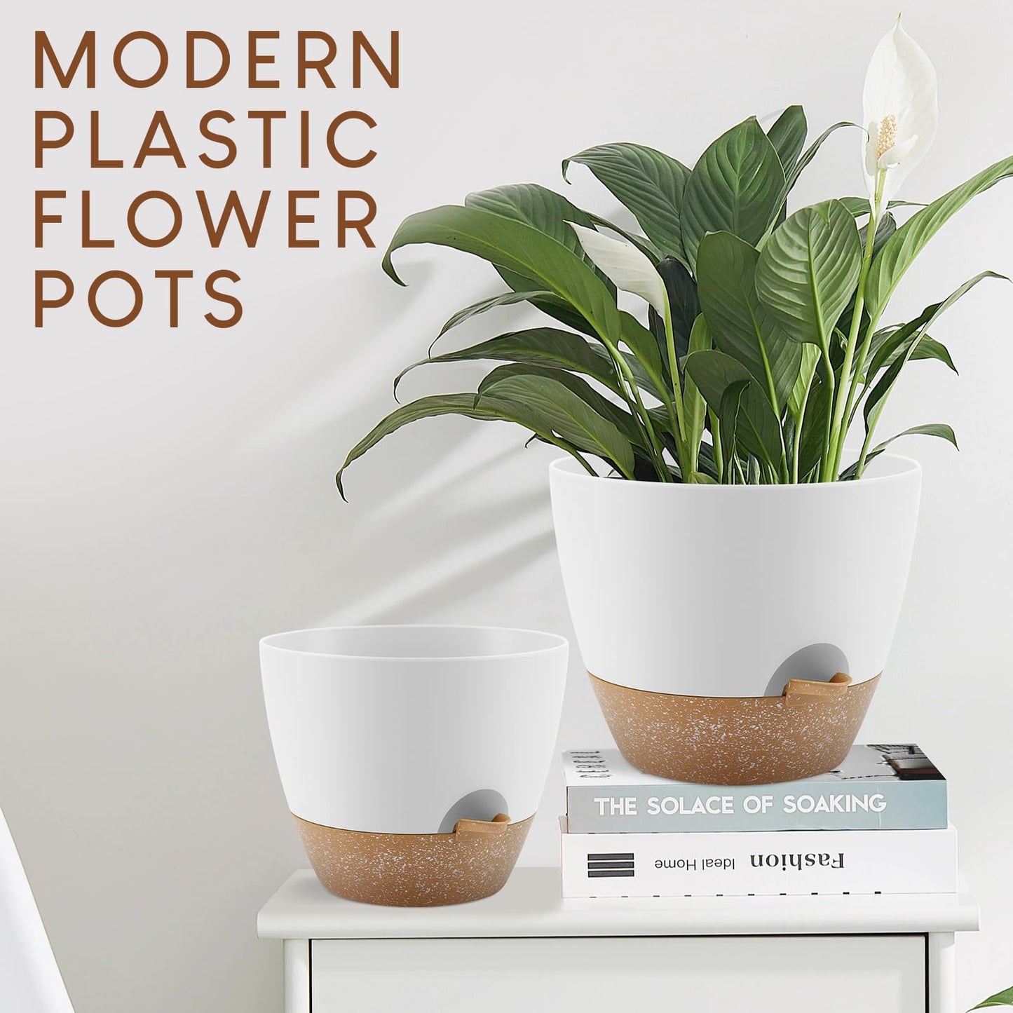 YNNICO Plant Pots 10/9/8/7.5/7 inch, Self Watering Planters with Drainage Holes & Saucers for Indoor and Outdoor Plants (White)