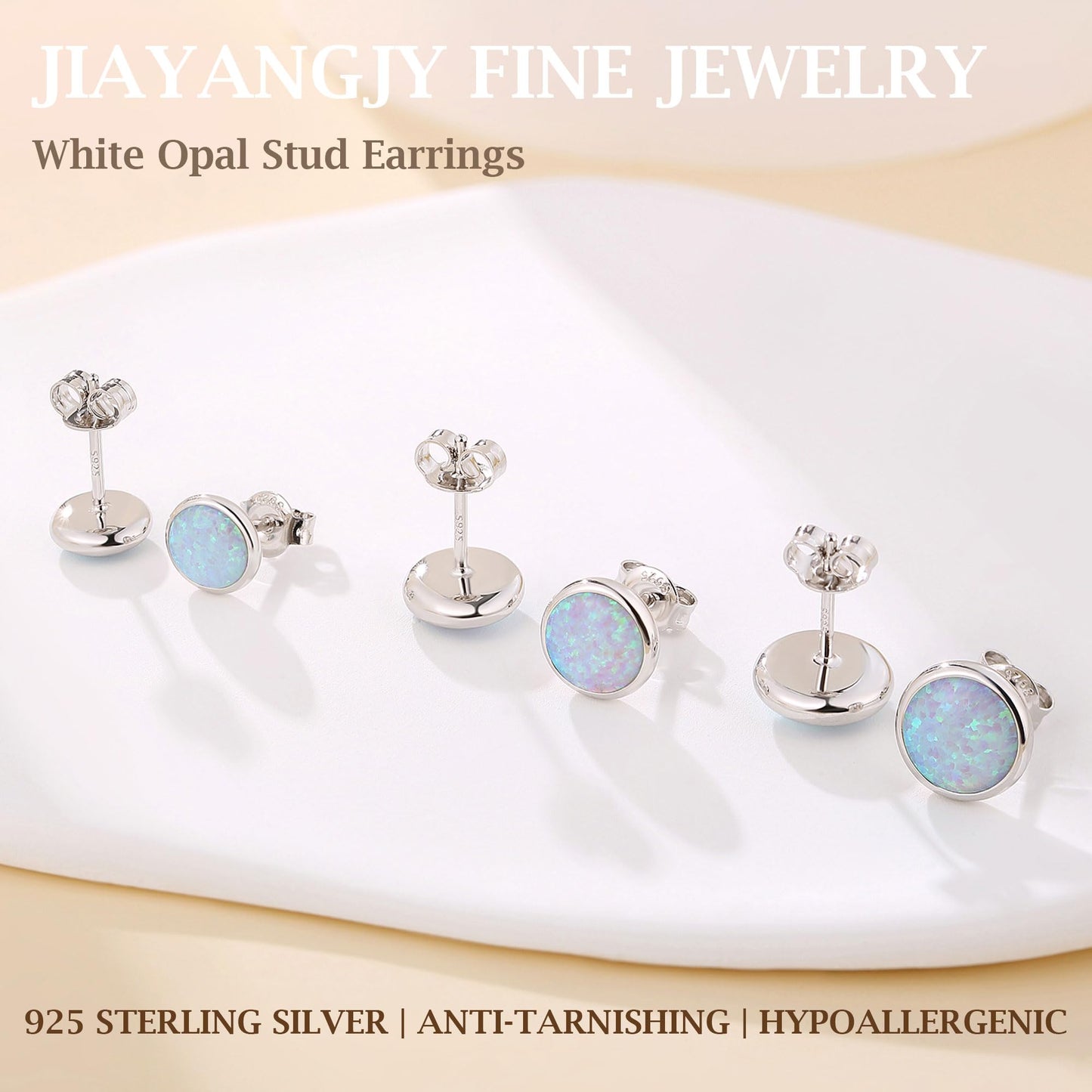 JiayangJY Silver White Fire Opal Stud Earrings for Women Sterling Silver Round Shape 8mm Opal Earrings with Push Back