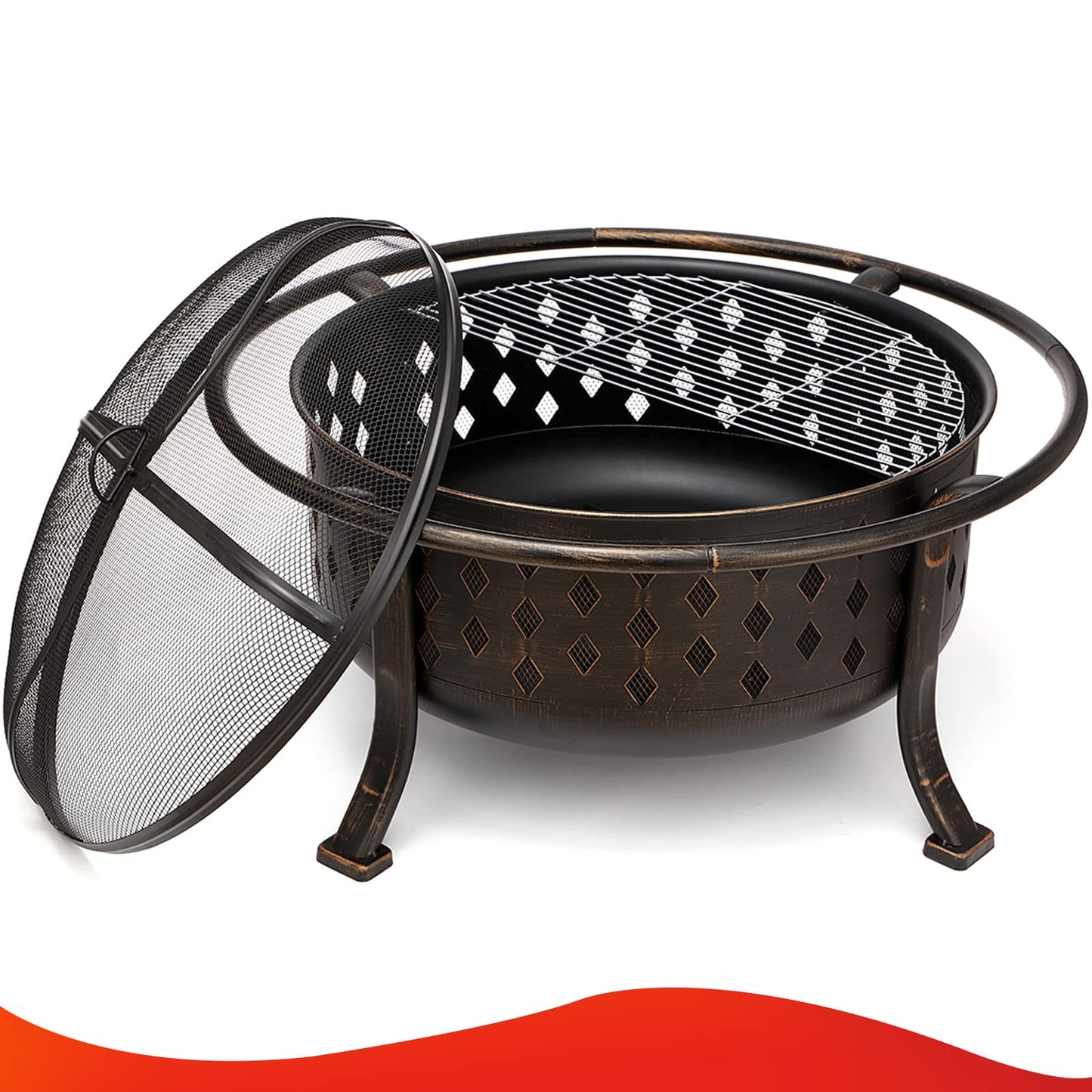 SINGLYFIRE 36 Inch Fire Pits for Outside Large Outdoor Wood Burning Crossweave firepit Heavy Duty Steel Bronze Bonfire Pit for Patio Backyard Garden with BBQ Grate,Spark Screen,Log Grate,Poker