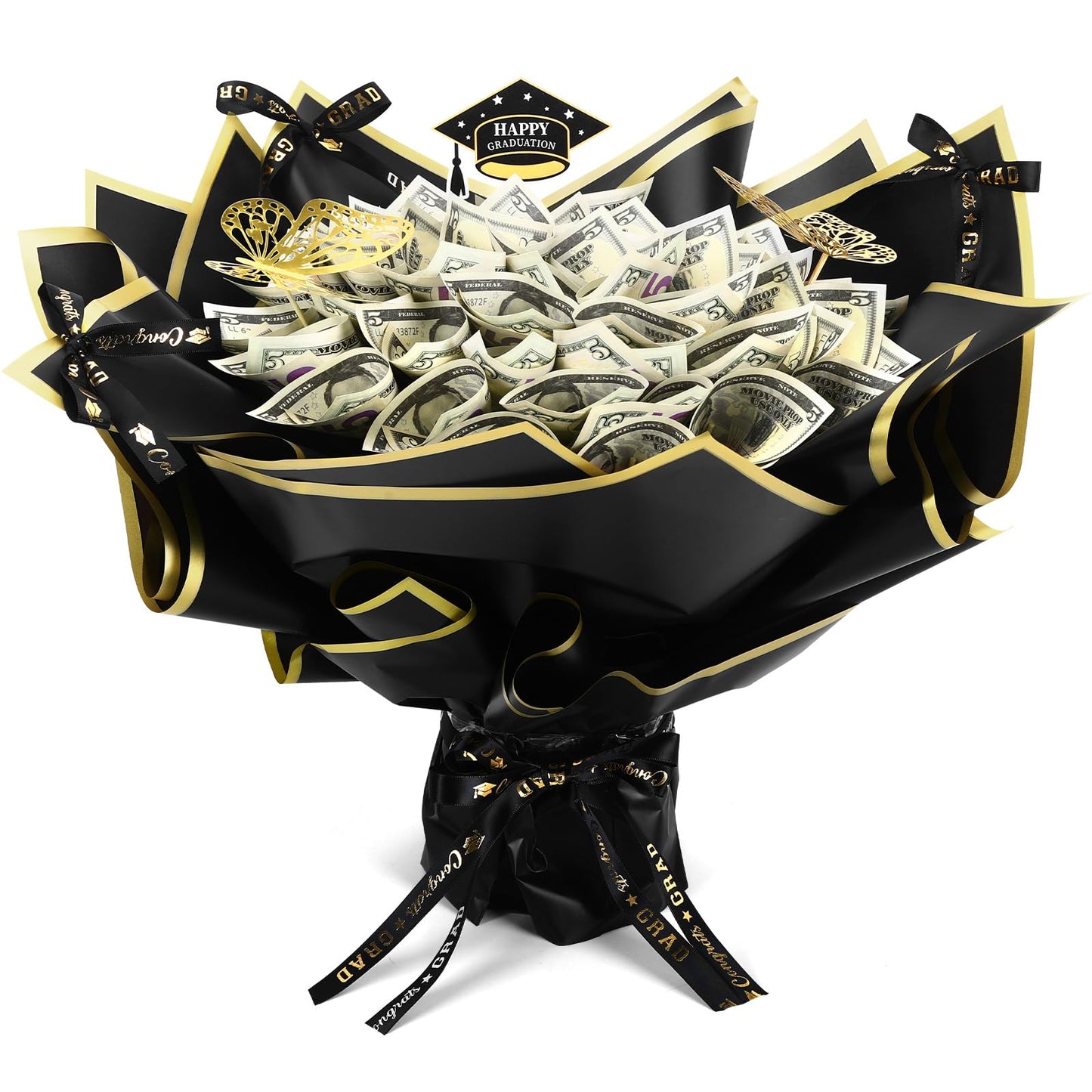 AUGSUN Graduation Money Bouquet Kit, Flower Bouquet DIY Gift Supplies with 20 Sheets Wrap Paper 100 Sticks Ribbon Cards 3D Butterflies for Class of 2026 Grad Party Favor Graduate Gifts