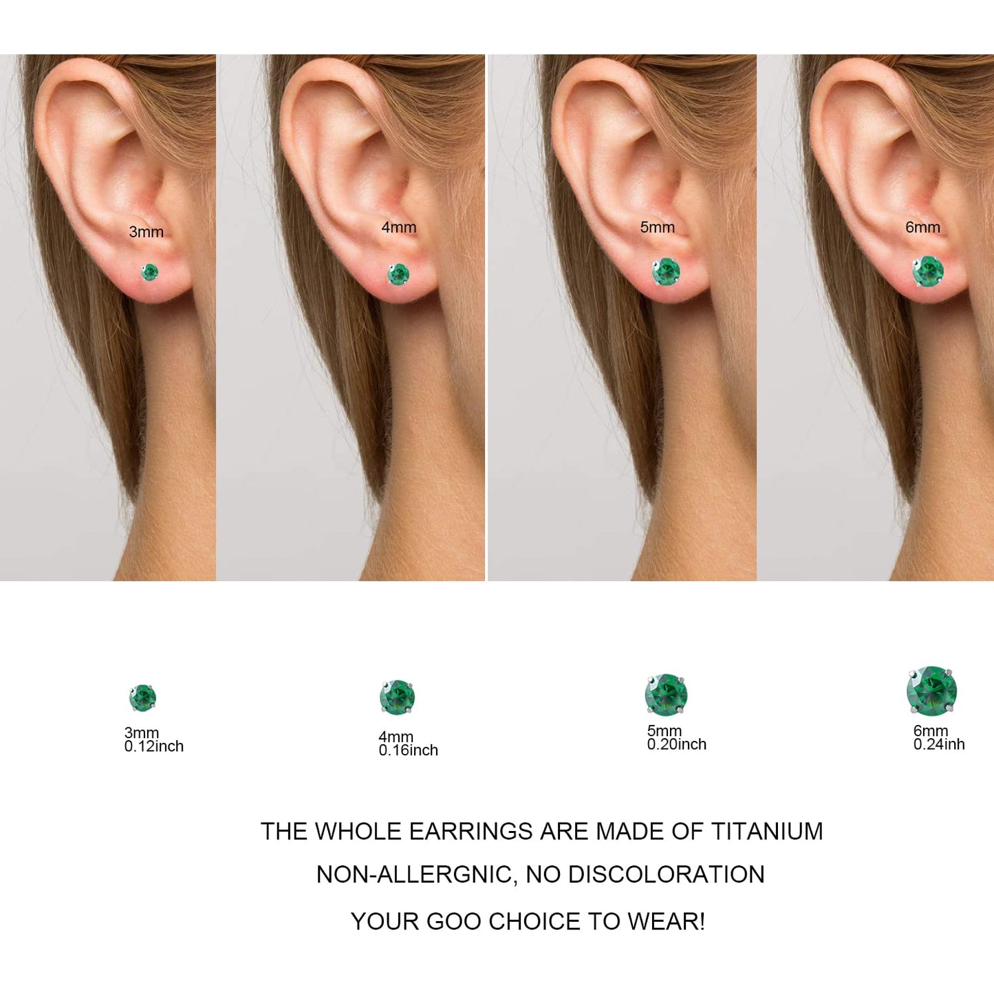 1 Pair Implant Grade Titanium Stud Earrings Set Hypoallergenic 3mm 4mm 5mm 6mm Cubic Zirconia G23 Titanium Earring Studs for Women Men for Sensitive Ear (3mm green)