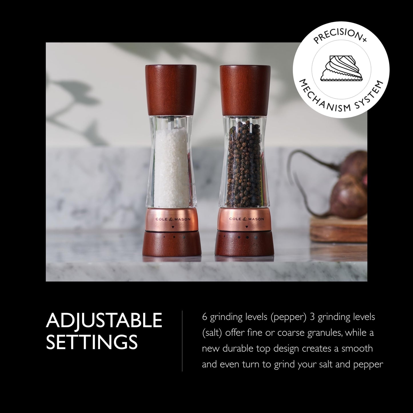Cole & Mason Derwent Salt & Pepper Mill Gift Set - Salt & Pepper Shaker & Grinder with Adjustable Coarseness - Gourmet Precision Mill Set - Stainless Steel & Acrylic Grinders - Rose Gold