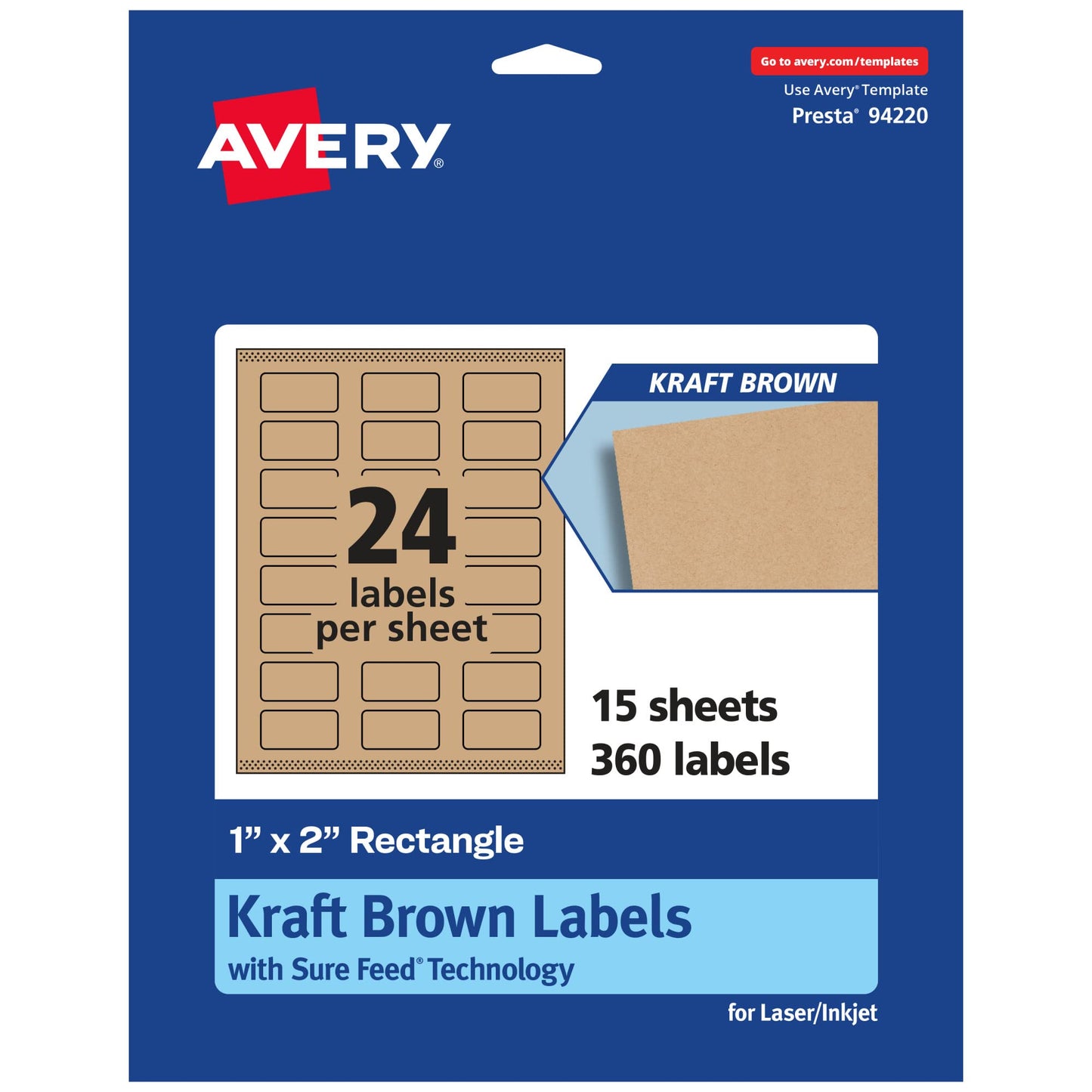 Avery Kraft Brown Rectangle Labels, Sure Feed Technology, 1" x 2", 360 Kraft Brown Labels, Print-to-The-Edge, Laser/Inkjet Printable