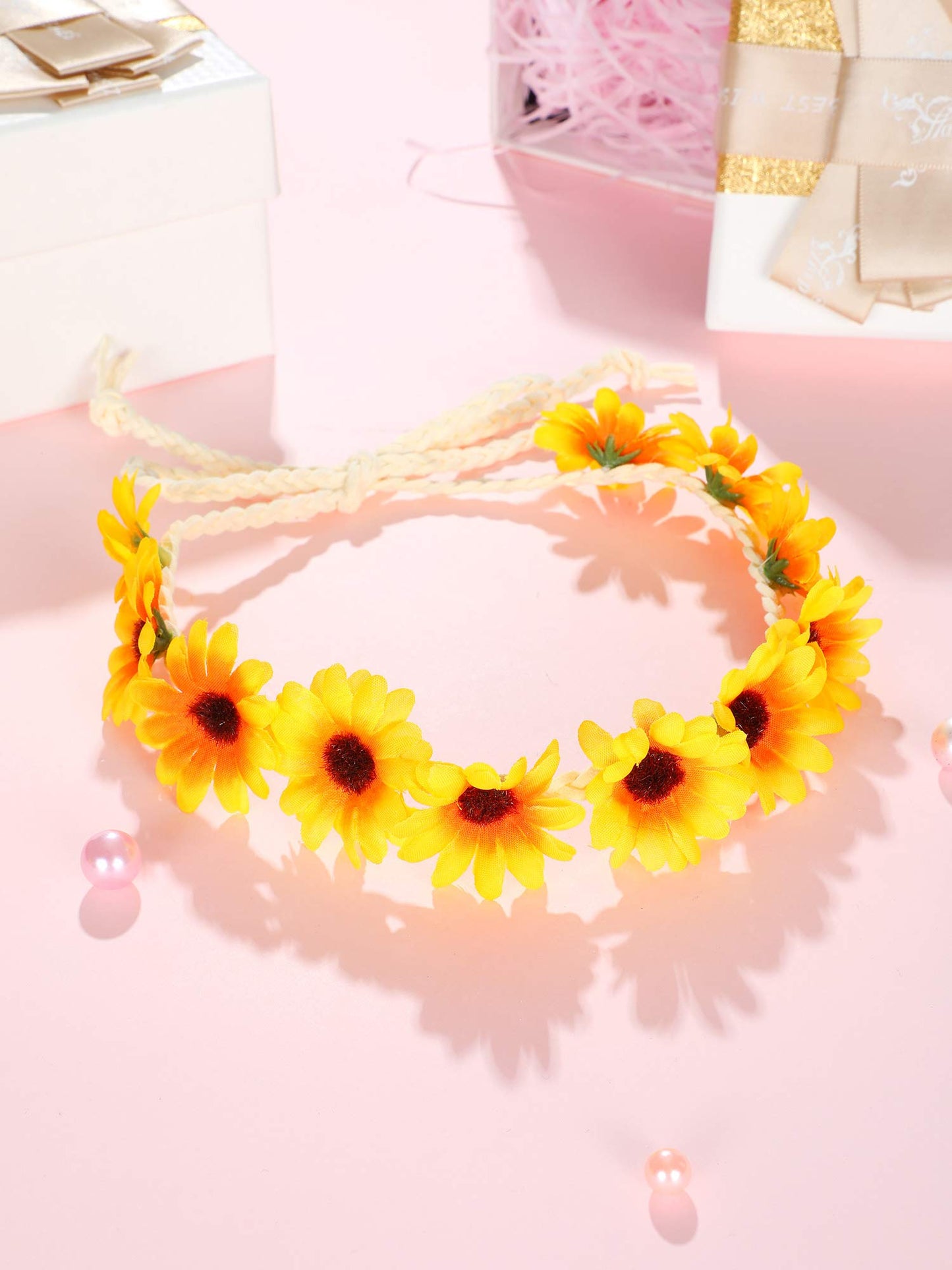 WILLBOND 8 Pcs Sunflower Headbands for Women Crown Daisy Flower Hair Wreath Adjustable Floral Bridal Bands Headpiece for Hippie Party Wedding Festivals Photo Props Decoration(White, Yellow)
