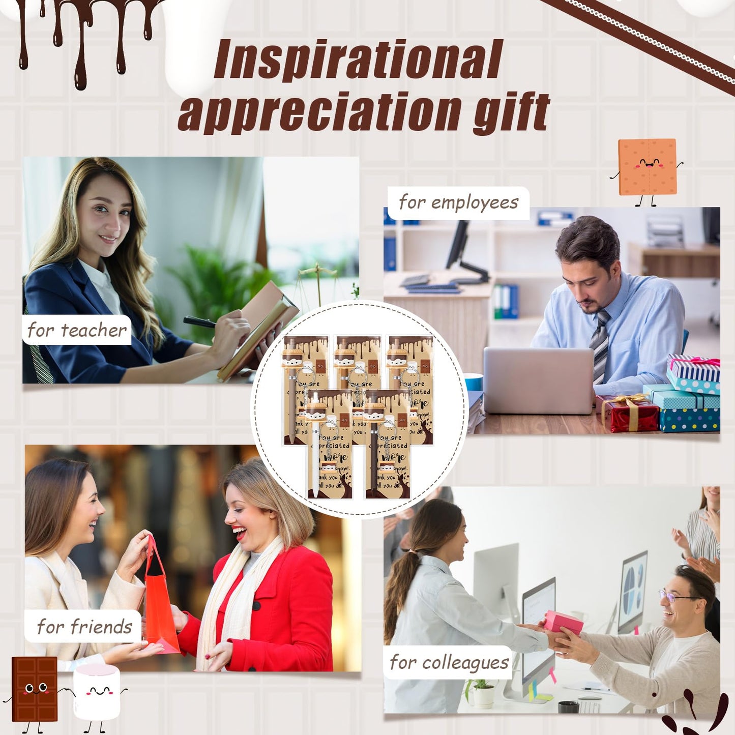 Sayglossy 75 Set Office Inspirational Gifts Bulk S'More Gifts Pens Sets Motivational Marshmallow Ballpoint Pens Keychain Bookmark Appreciation Gift for Teacher Team Employee Staff Coworker