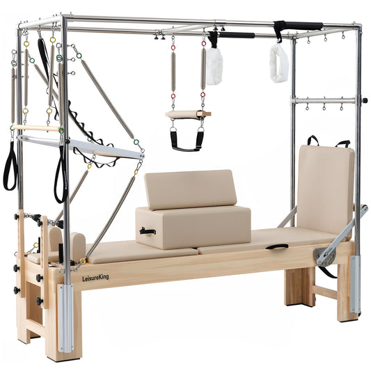 LeisureKing 3-in-1 Pilates Reformer, Wooden Pilates Machine Equipment with Cadillac Trapeze Table & Tower, Studio Grade Reformer Workout Equipment for Home Gym with All Accessories, Beige