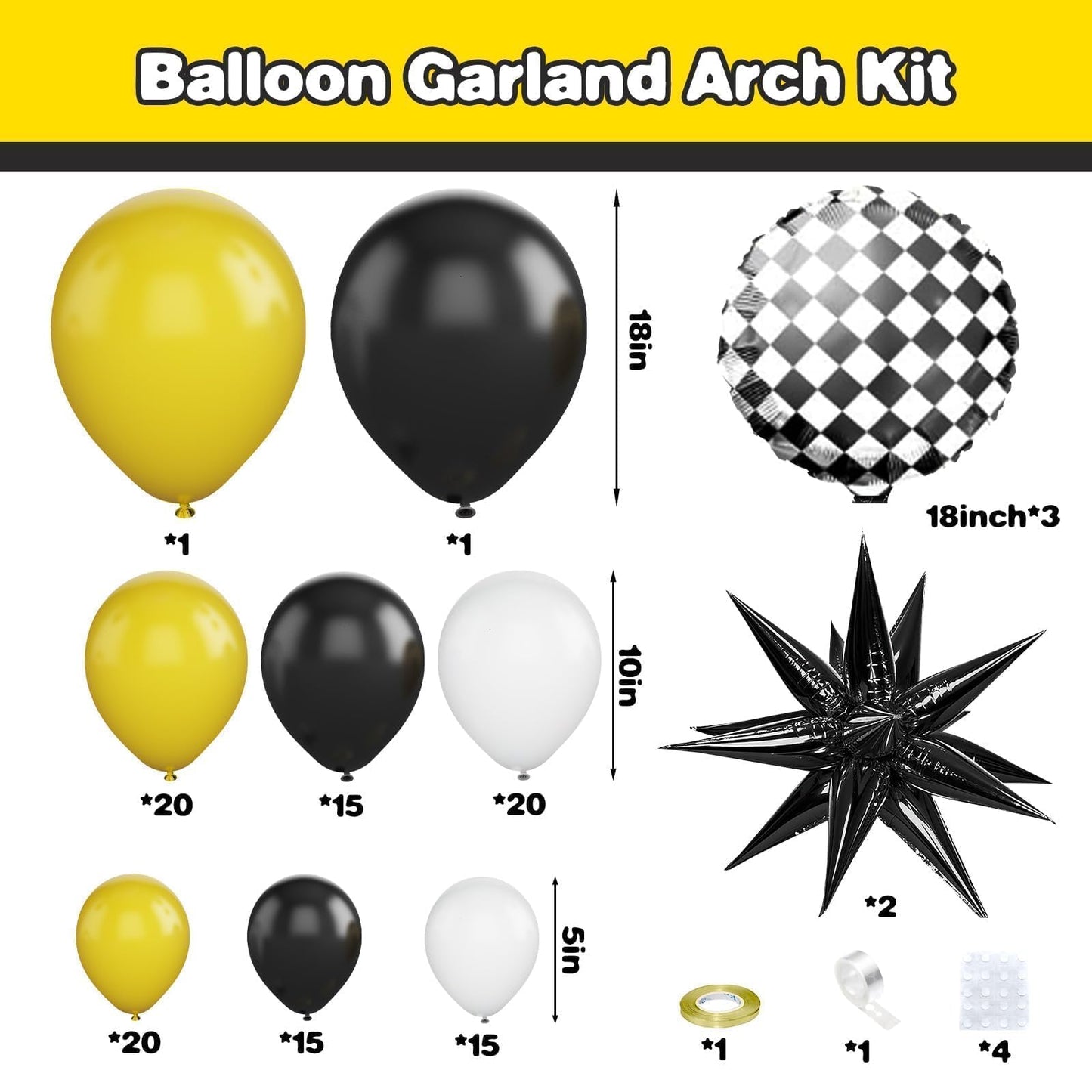 Black White Yellow Balloon Arch Kit,Balloons Garland Kit with Black White Checkered Star Balloons for Boys 1st Birthday Party Decorations