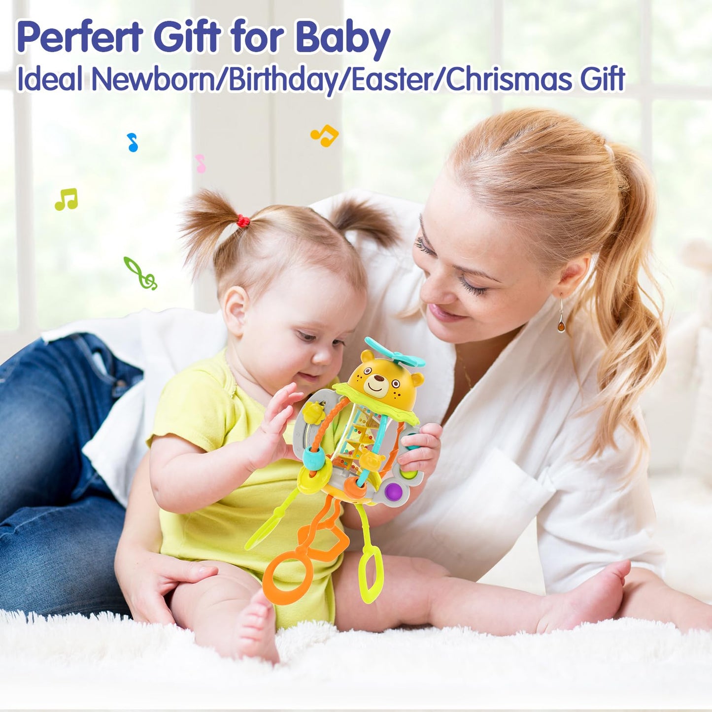 HOLA Montessori Toys for 1 Year Old Boys-Rattle Teething Baby Toys 0-6 & 6-12 Months, Silicone Pull String Sensory Toys for 1 Year Old Girl Gifts Christmas Stocking Stuffers