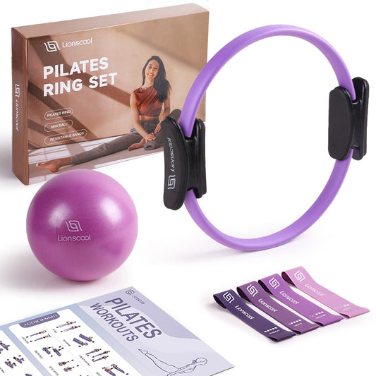 LIONSCOOL Pilates Ring Set (Purple) - 14" Anti-Deformation Magic Circle with Padded Handles, 9" Mini Ball, Elastic Latex Resistance Bands, Guide & Bag