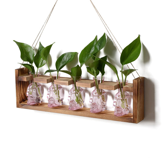 Plant Terrarium Propagation Stations Halloween Skull Planter Vase Skulls Decor with Wooden Stand Gife for Father - 5 Vases