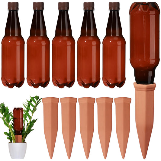 SiliFine 6 Sets Terracotta Self Watering Spikes with 26 oz Plastic Bottles, Plant Watering Devices Slow Release Vacation Insert Automatic Plant Watered Device