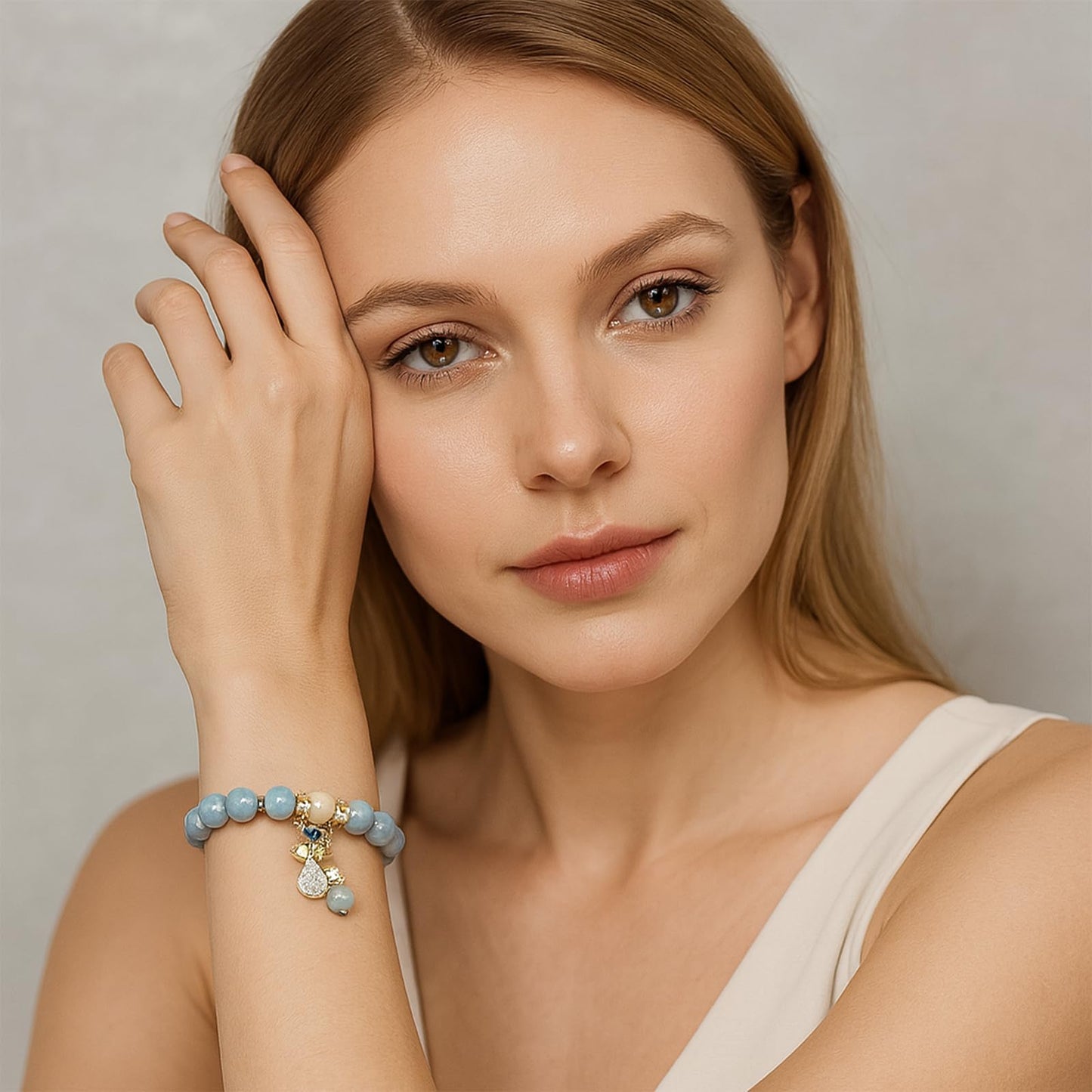 RITIM Natural Aquamarine Bracelet for Women, Lucky Charm Healing Crystal Stone Bracelet with Pearl, Positive Energy Good Luck Jewelry Gift for Friends, Sister, Daughter, Her