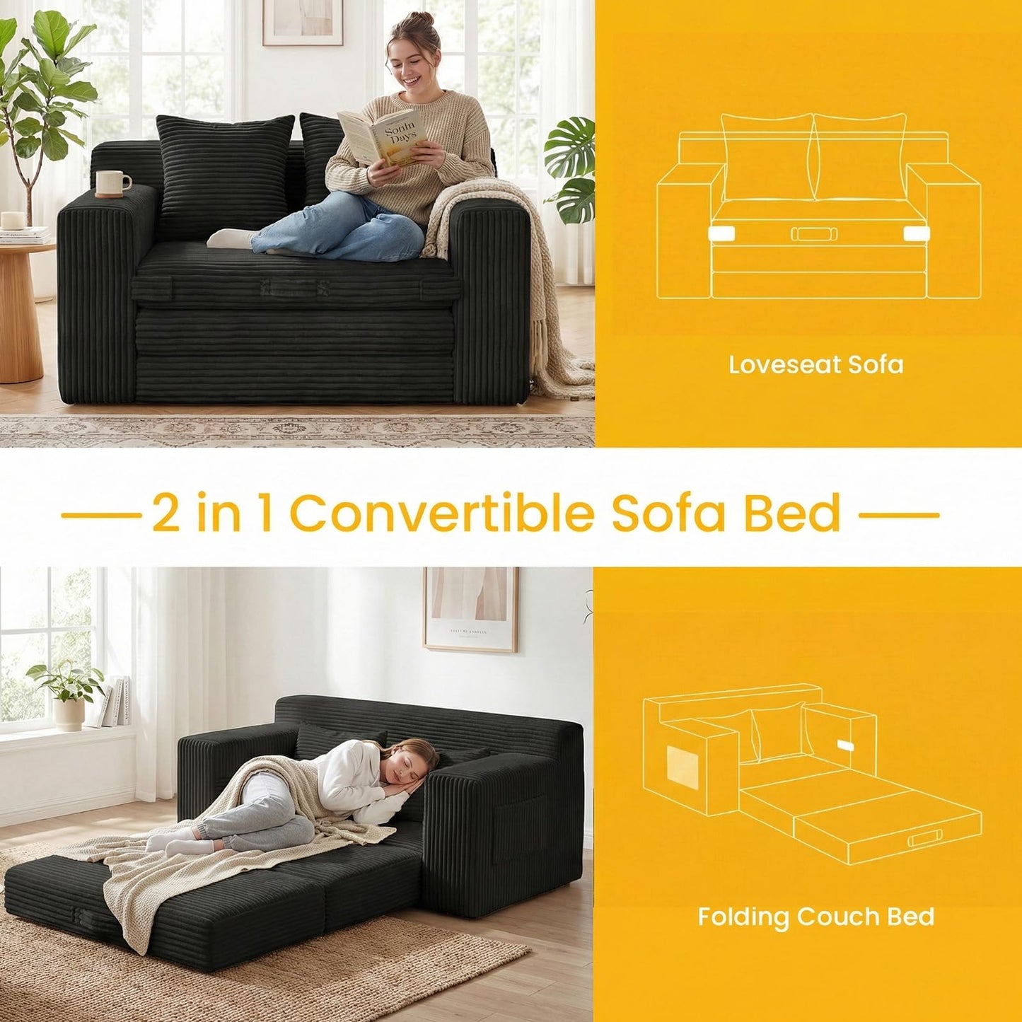 Boneless Loveseat Sleeper Sofa Bed: 3-in-1 Convertible Sofa Bed with Side Pockets & Handle,Pull Out Couch with 2 Pillows,Folding Futon for Small Space,Living Room & Bedroom,Corduroy Fabric,No Assembly